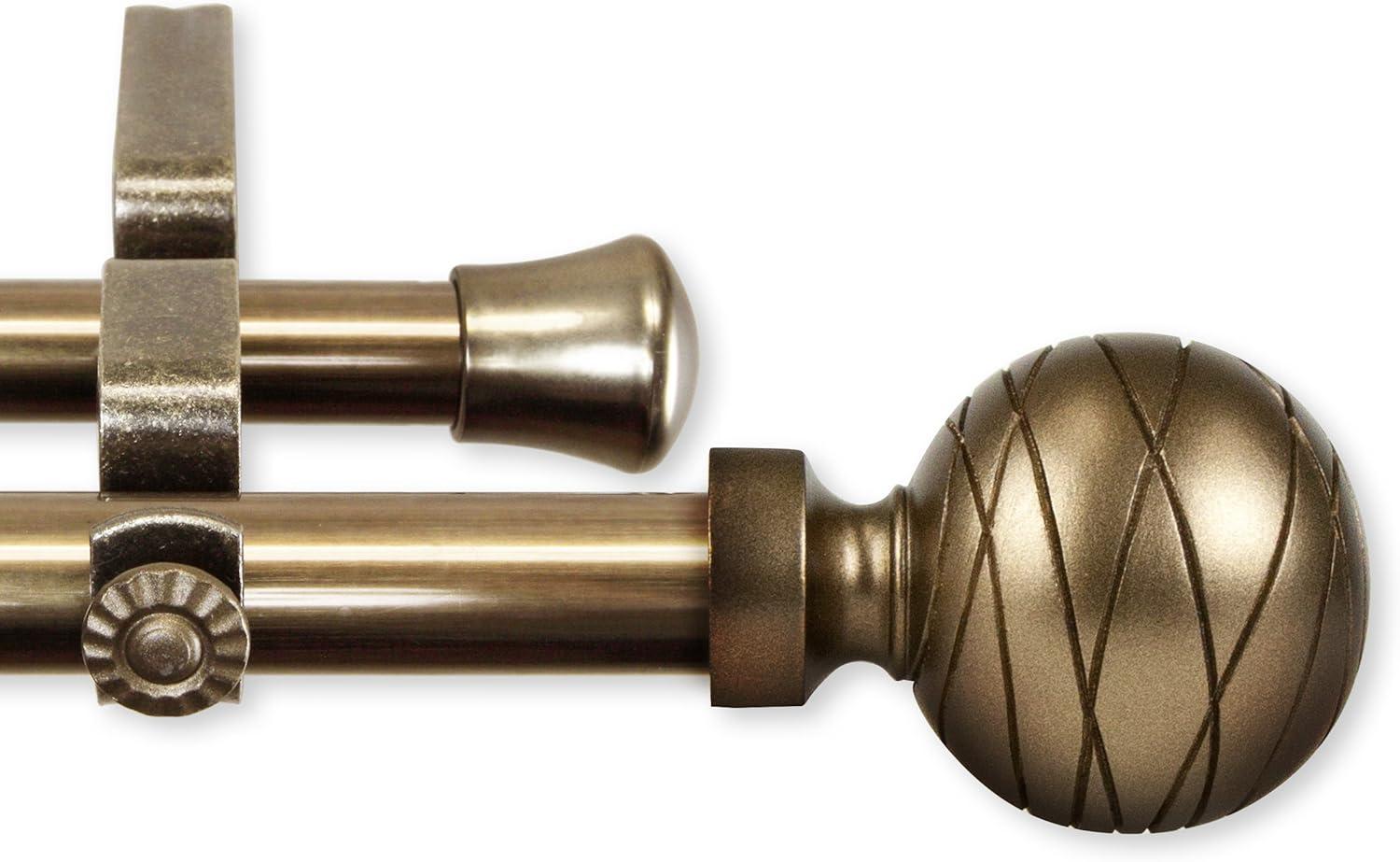 Antique Brass Double Curtain Rod with Etched Ball Finials