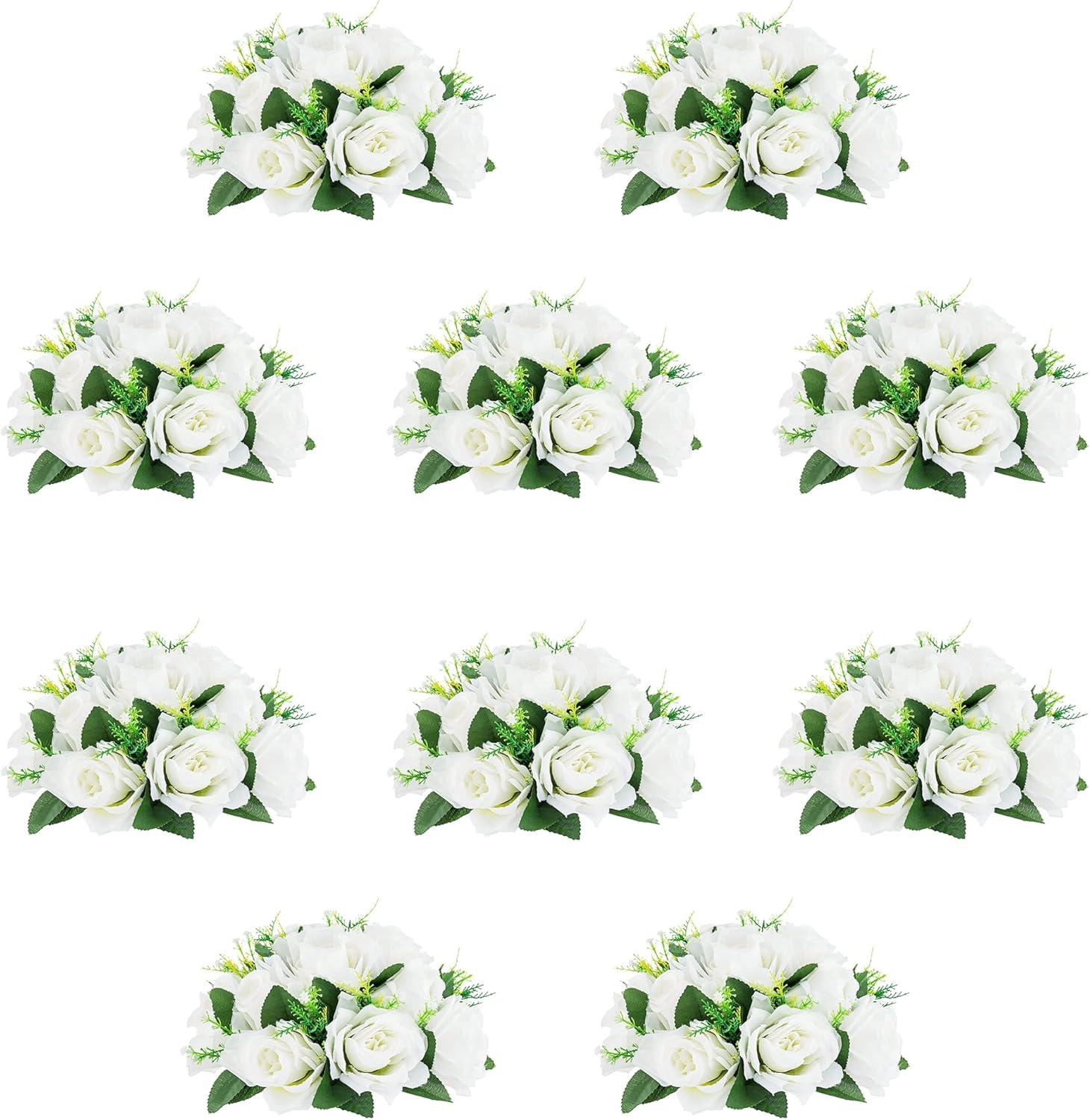 Nuptio Set of 10 White Rose Artificial Flower Kissing ball, 15 Heads Fake Peony Silk Flowers Bouquet for Centerpiece Wedding Birthday Party Home Table Decor
