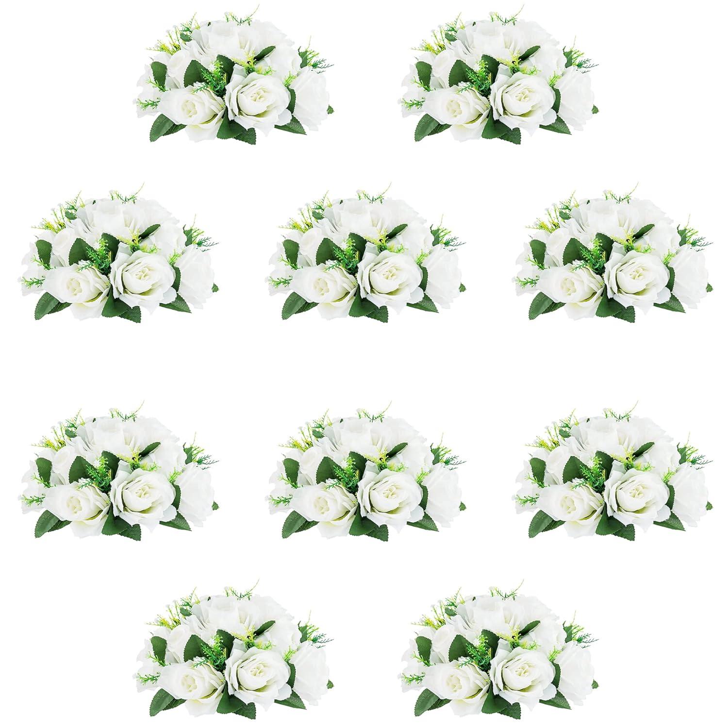 Nuptio Set of 10 White Rose Artificial Flower Kissing ball, 15 Heads Fake Peony Silk Flowers Bouquet for Centerpiece Wedding Birthday Party Home Table Decor