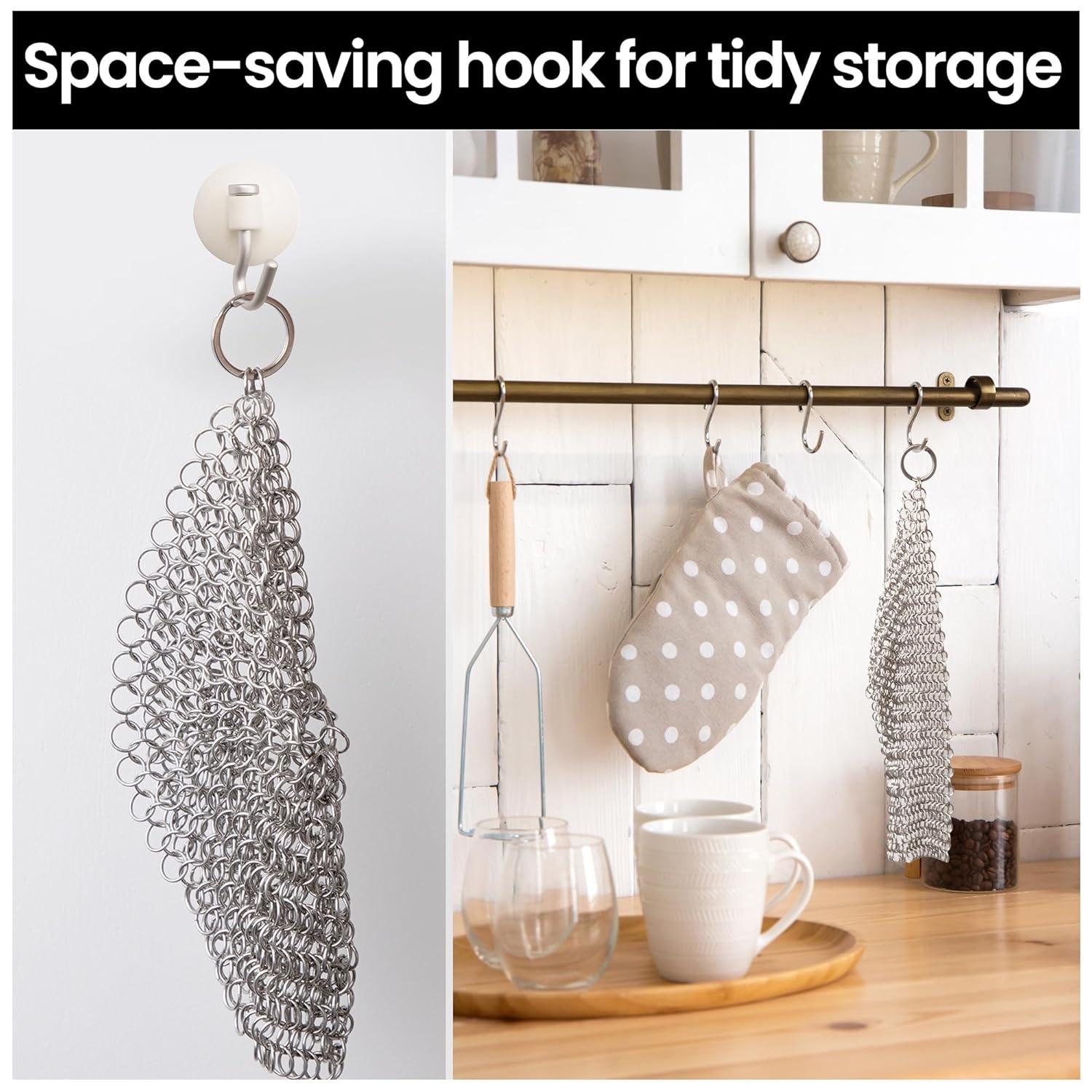 Cast Iron Scrubber 316 Stainless Steel Skillet Cleaner 8"x6" Chainmail Scrubber Scraper Chain Mail Link Scrub for Cast Iron Pre-Seasoned Pans, Griddles, BBQ Grills, and Pot Cookware Cleaning