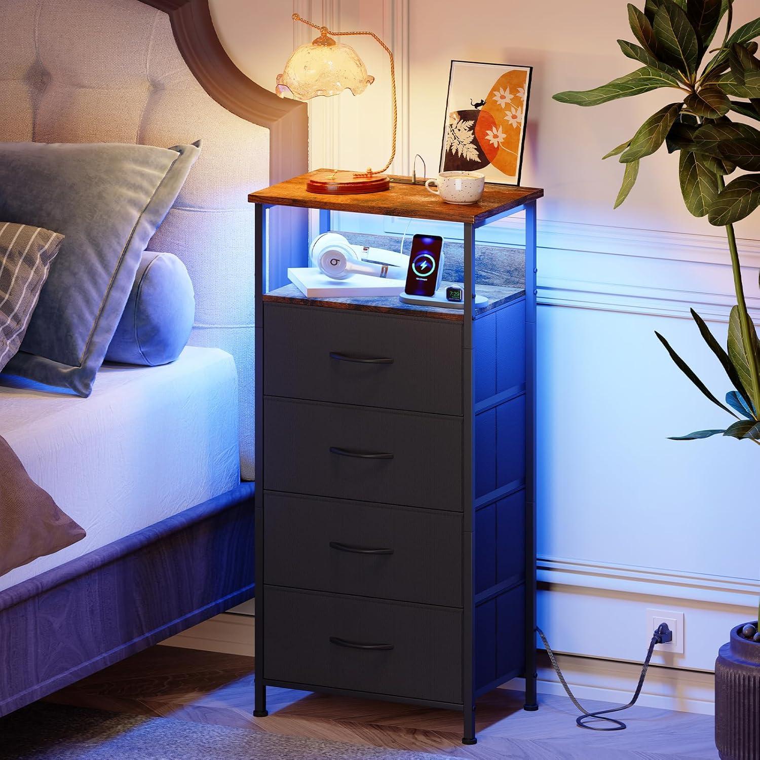 Eunos Black Dresser for Bedroom, 4 Drawer Nightstand with Charging Station, LED and Open Shelf