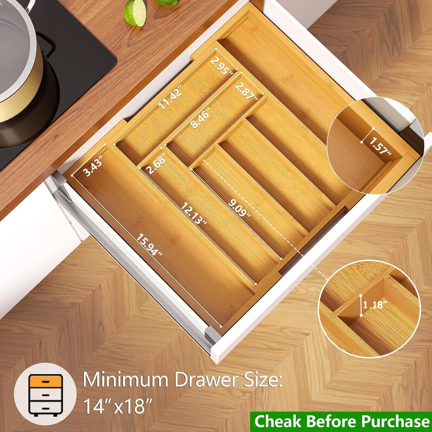 Pipishell Bamboo Expandable Drawer Organizer for Utensils Holder, Adjustable Cutlery Tray, Wood Drawer Dividers Organizer for Silverware, Flatware