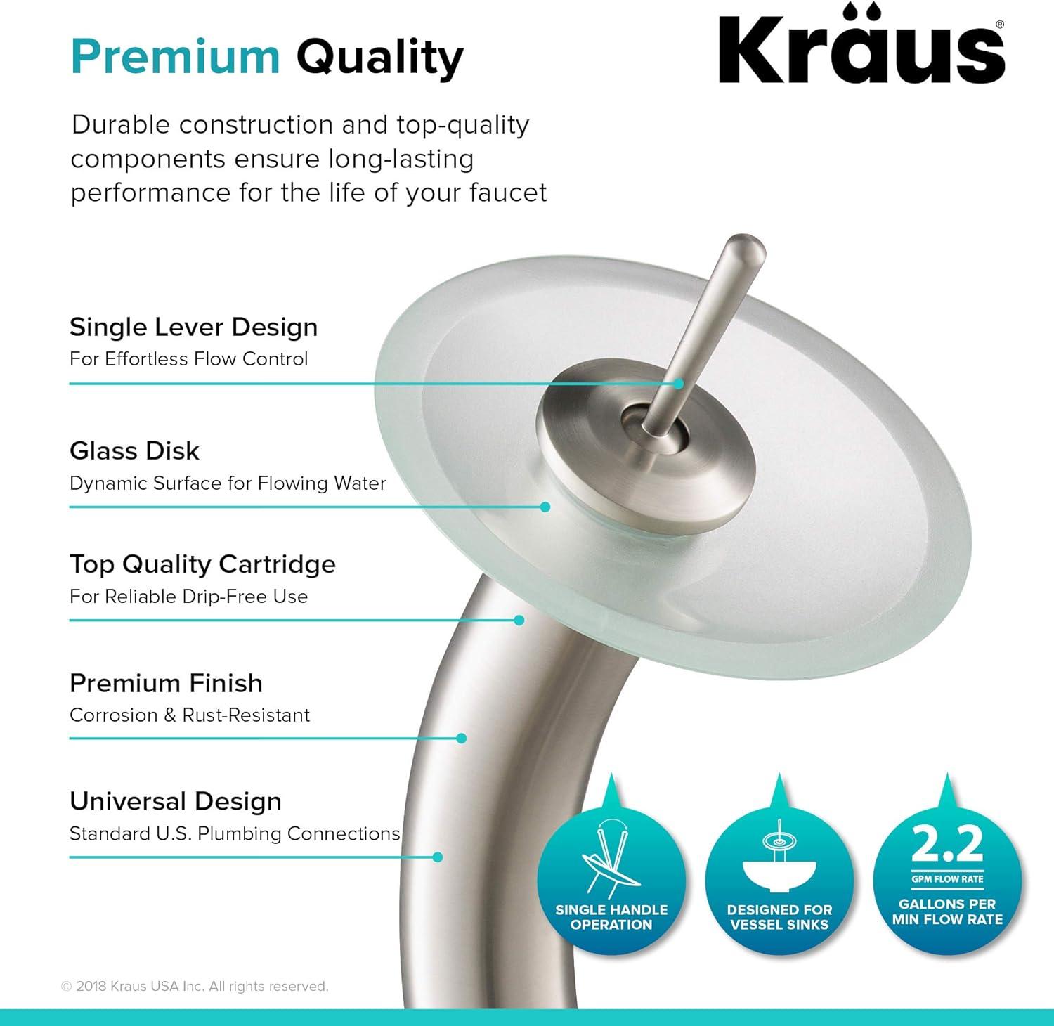 KRAUS Tall Waterfall Bathroom Faucet for Vessel Sink with Frosted Glass Disk and Pop-Up Drain, Satin Nickel Finish