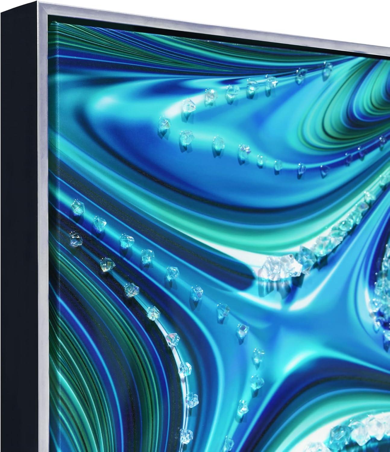 "Ocean Waves II" Crystallus Epoxy Coated Wrapped Framed Glossy Blue Canvas Wall Art with Heavy Acrylic Crystal Shards Embellishments