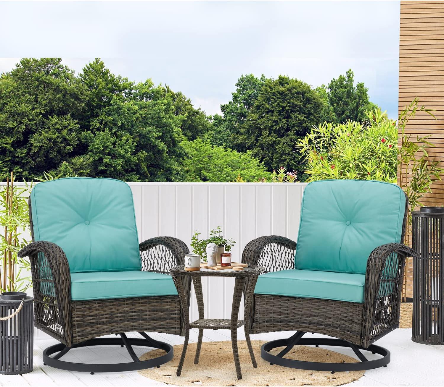 ELPOSUN 3 Pieces Patio Furniture Set, Outdoor Swivel Gliders Rocker, Wicker Patio Bistro Set with Rattan Rocking Chair, Glass Top Side Table and Thickened Cushions for Porch Deck Backyard