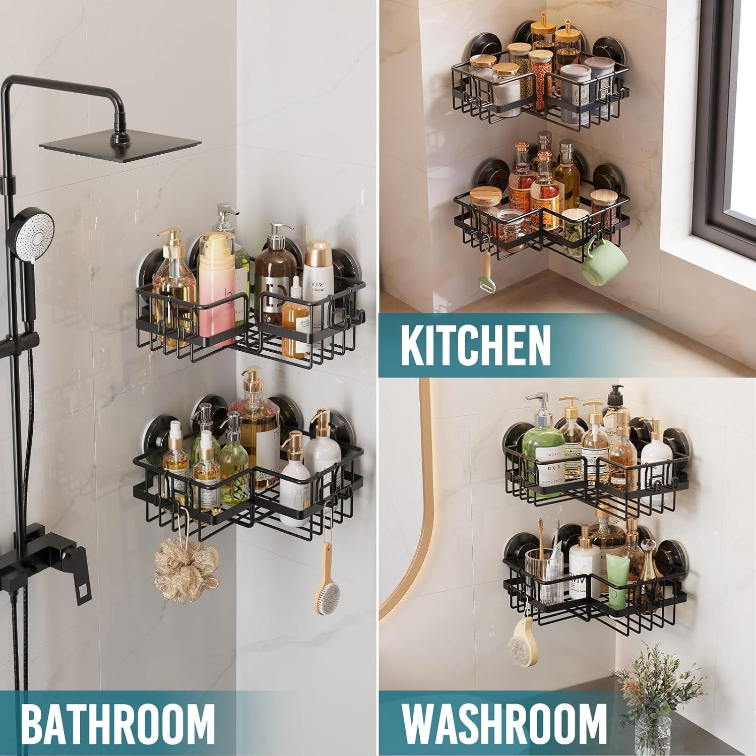 Black Metal Suction Mount Shower Caddy with Hooks