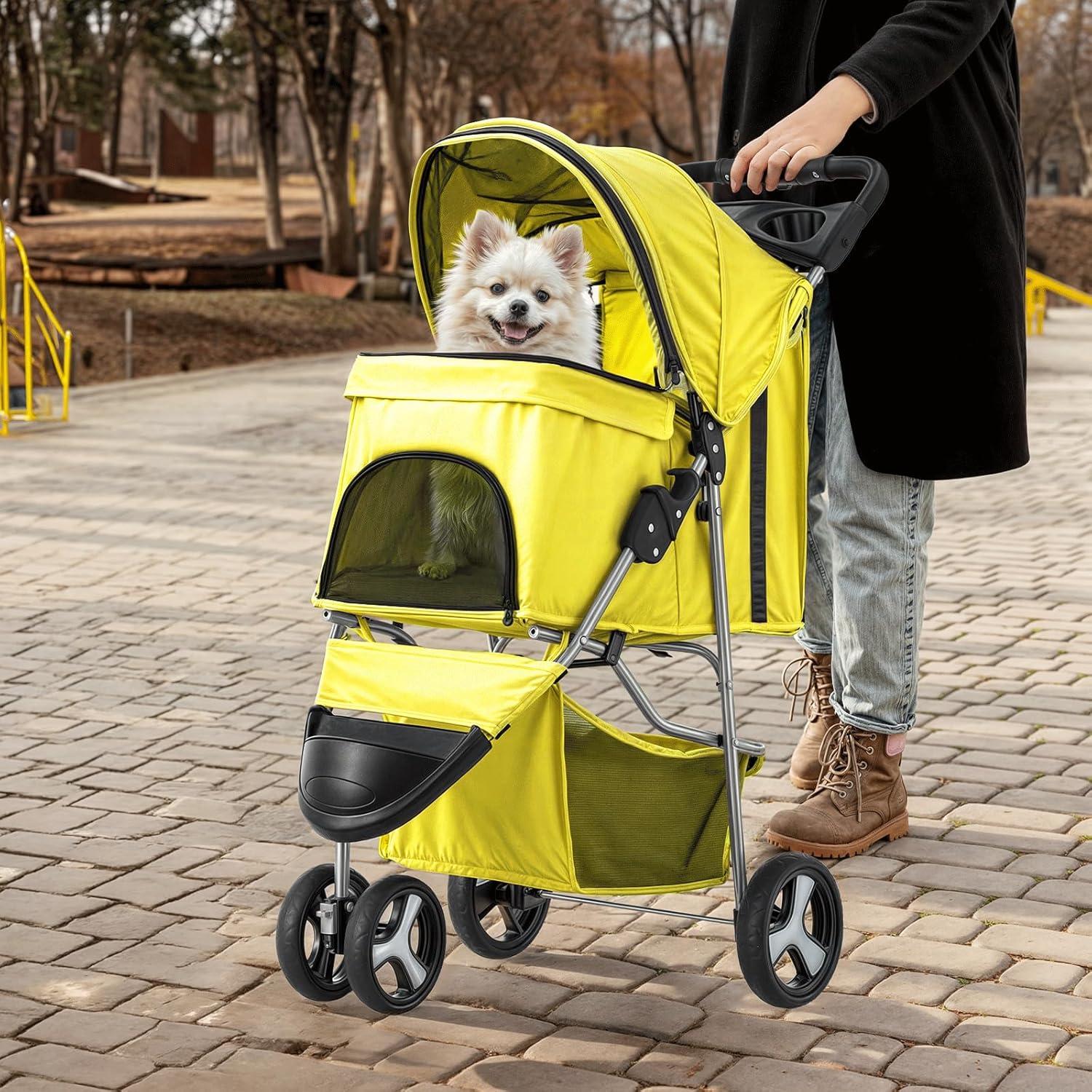 3 Wheel Folding Pet Stroller, Foldable Dog Jogger Stroller with Storage Basket, Cup Holder & Canopy