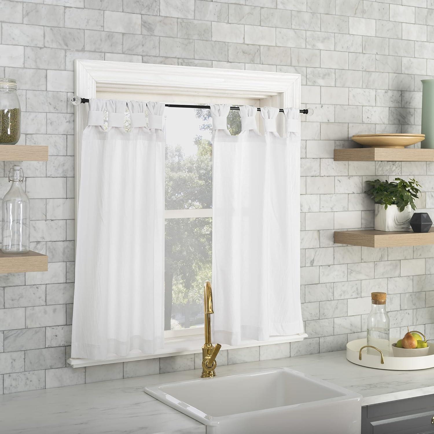 2pc 52"x36" Archaeo Washed Cotton Twist Tab Cafe Curtain Tier Pair White: Kitchen Curtains, 36 Inch, Solid Pattern