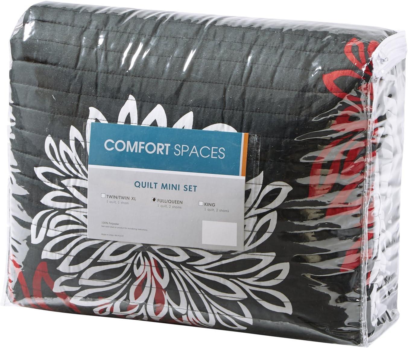 Comfort Spaces Full/Queen Size Quilt Set, 3-Piece Floral Bedspread Bedding Set, Red and Black Coverlet Set for All Season, Lightweight Comforter Set