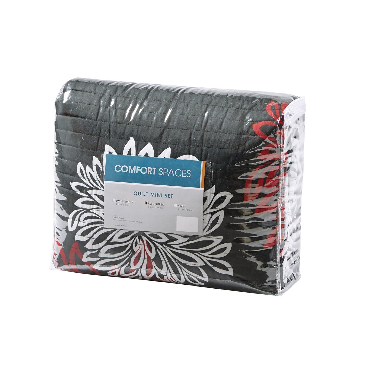 Comfort Spaces Full/Queen Size Quilt Set, 3-Piece Floral Bedspread Bedding Set, Red and Black Coverlet Set for All Season, Lightweight Comforter Set