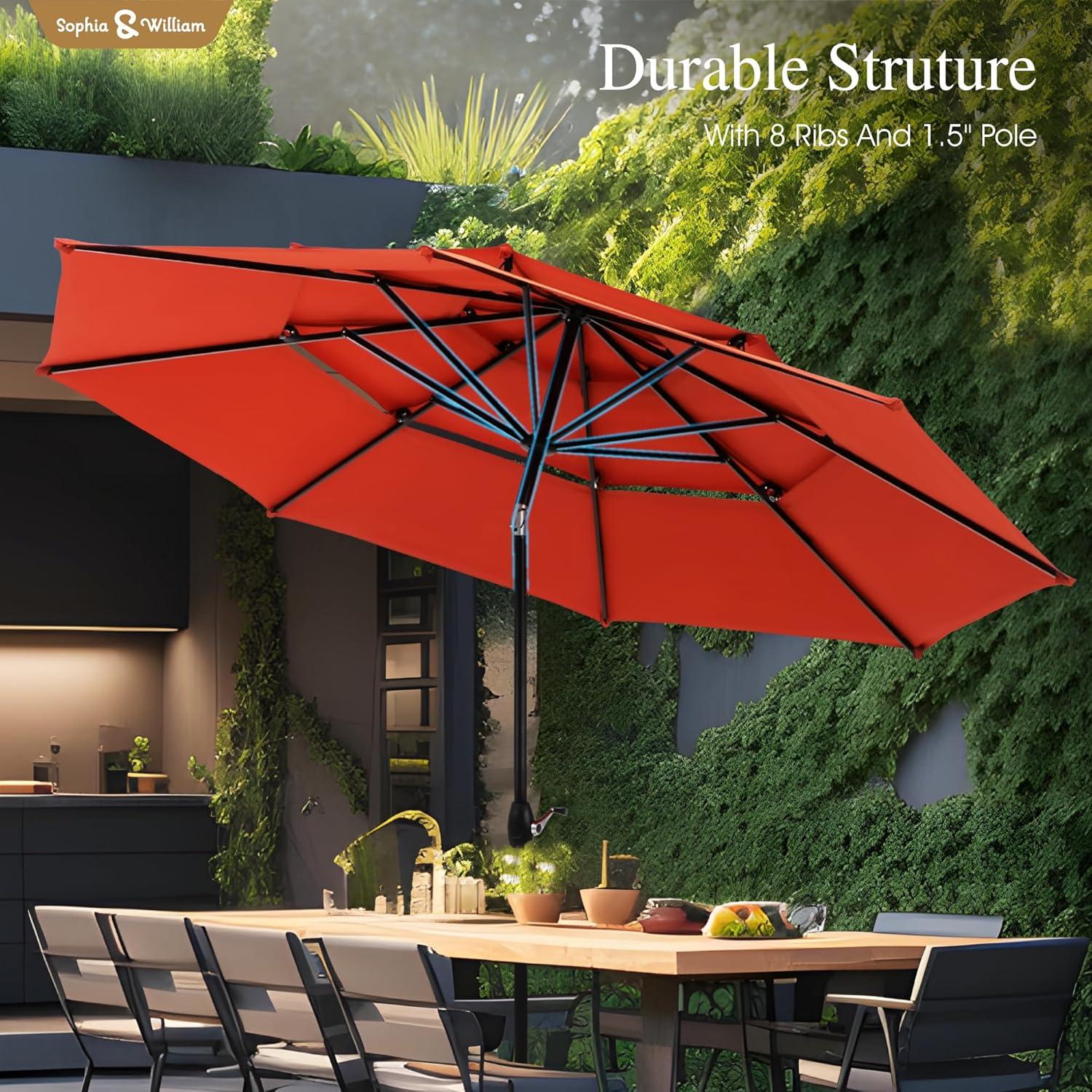 10ft Orange Red Polyester 3-Tier Vented Patio Umbrella with Auto-Tilt