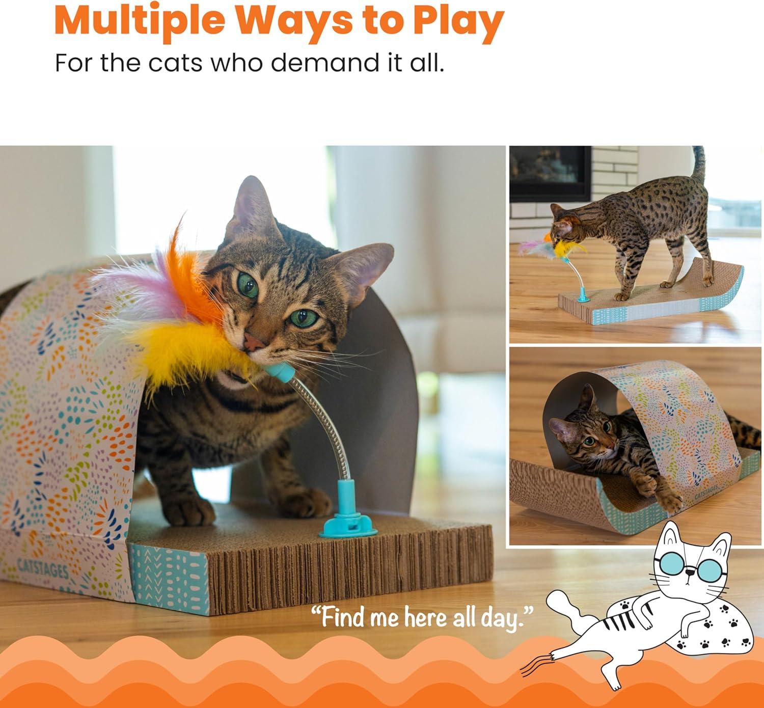 Catstages Cat Tunnel Scratcher with Feather Spring Toy and Removable Tunnel, Corrugated Scratching Pad for Rest, Play, & Nail Trimming, Multicolored