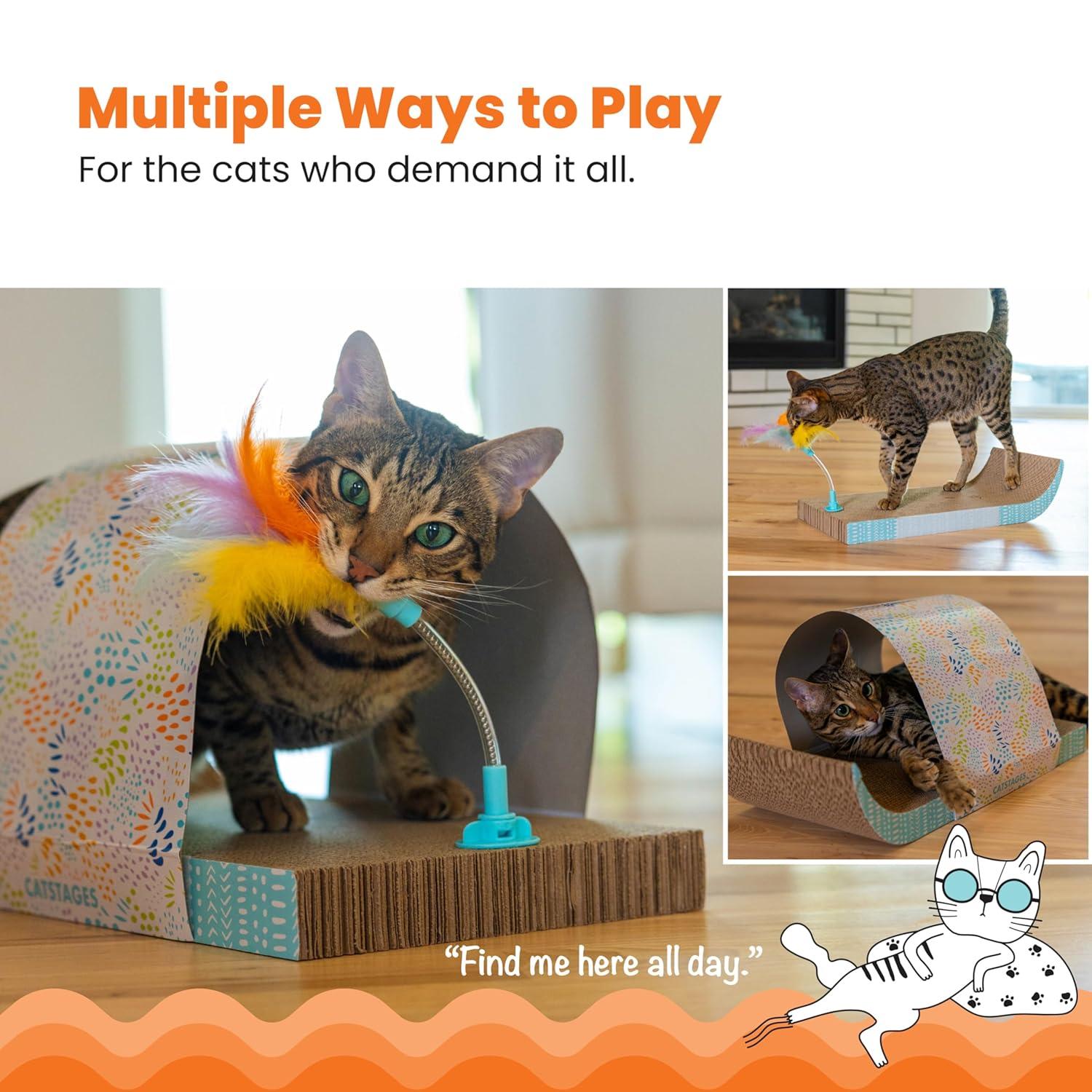 Catstages Cat Tunnel Scratcher with Feather Spring Toy and Removable Tunnel, Corrugated Scratching Pad for Rest, Play, & Nail Trimming, Multicolored