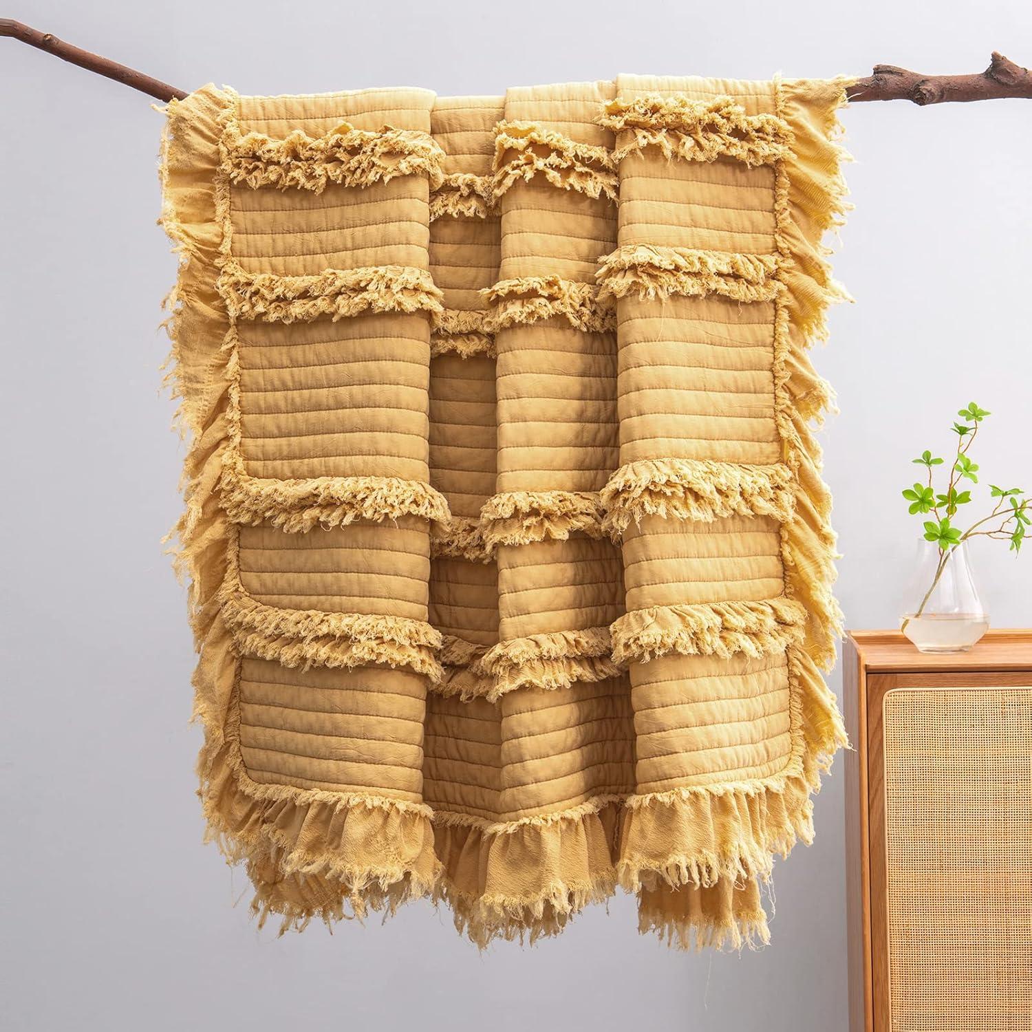 Ultra Soft Quilted Throw Blanket with Ruffle Fringe Pre-Washed, Boho Decor in Stone Washed Yellow, Rustic Chic Blanket for Sofa, Couch, Bed, or Chair,90"x 90"