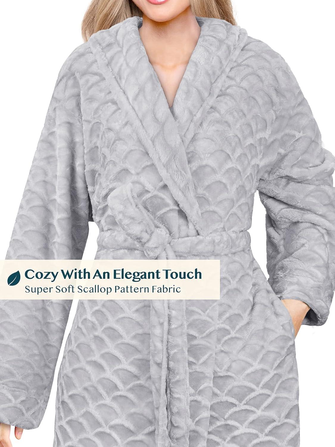 PAVILIA Short Robes for Women, Plush Soft Bathrobe Womens Lightweight, Fluffy Fuzzy Robe Knee Length, Shower Spa (Light Grey, Small-Medium)