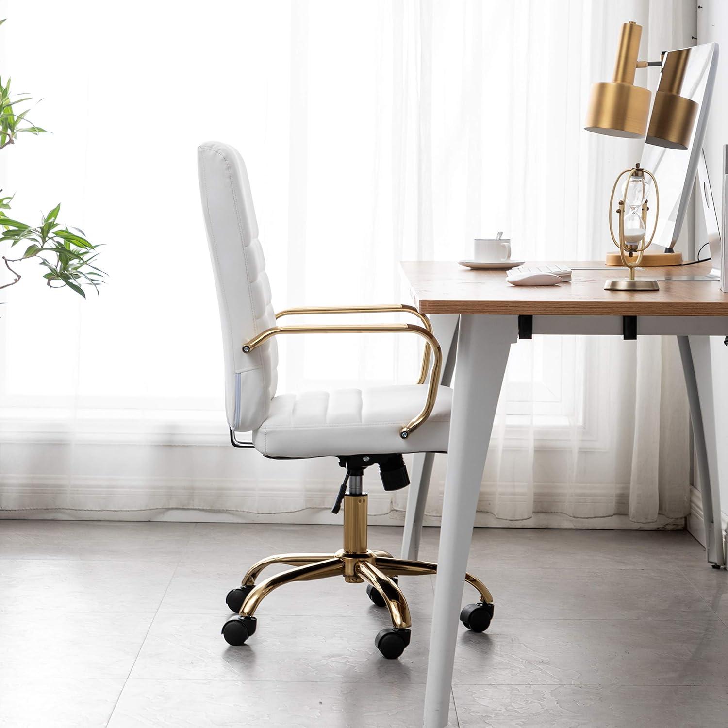 White Faux Leather Ergonomic Swivel Office Chair with Gold Metal Frame