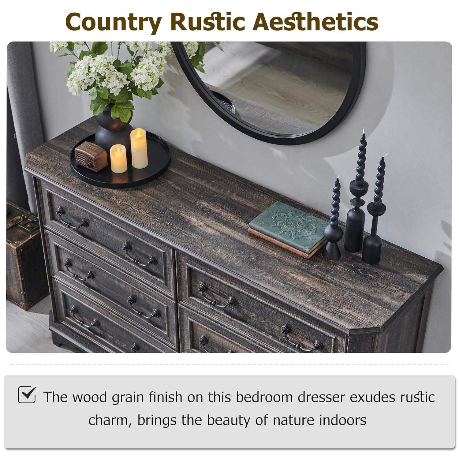 T4TREAM Farmhouse 6 Drawers Dresser for Bedroom, 54" Wide Wood Rustic Chest of Drawers with Natural Texture, Vintage Design, Storage Dressers Organizer for Bedroom, Living Room, Dark Rustic Oak