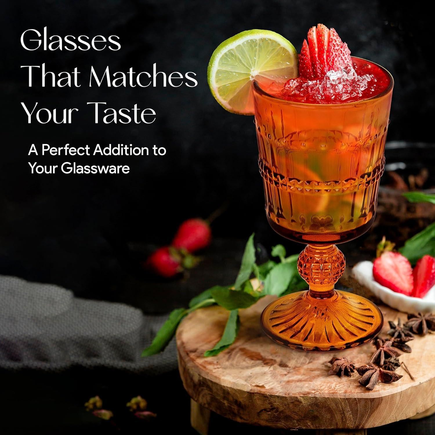 American Atelier Vintage Old Fashion 10 oz. Whiskey Glasses, Romantic Water Tumblers, Barware Glasses for Cocktails, Embossed Beaded, Set of 4, Amber