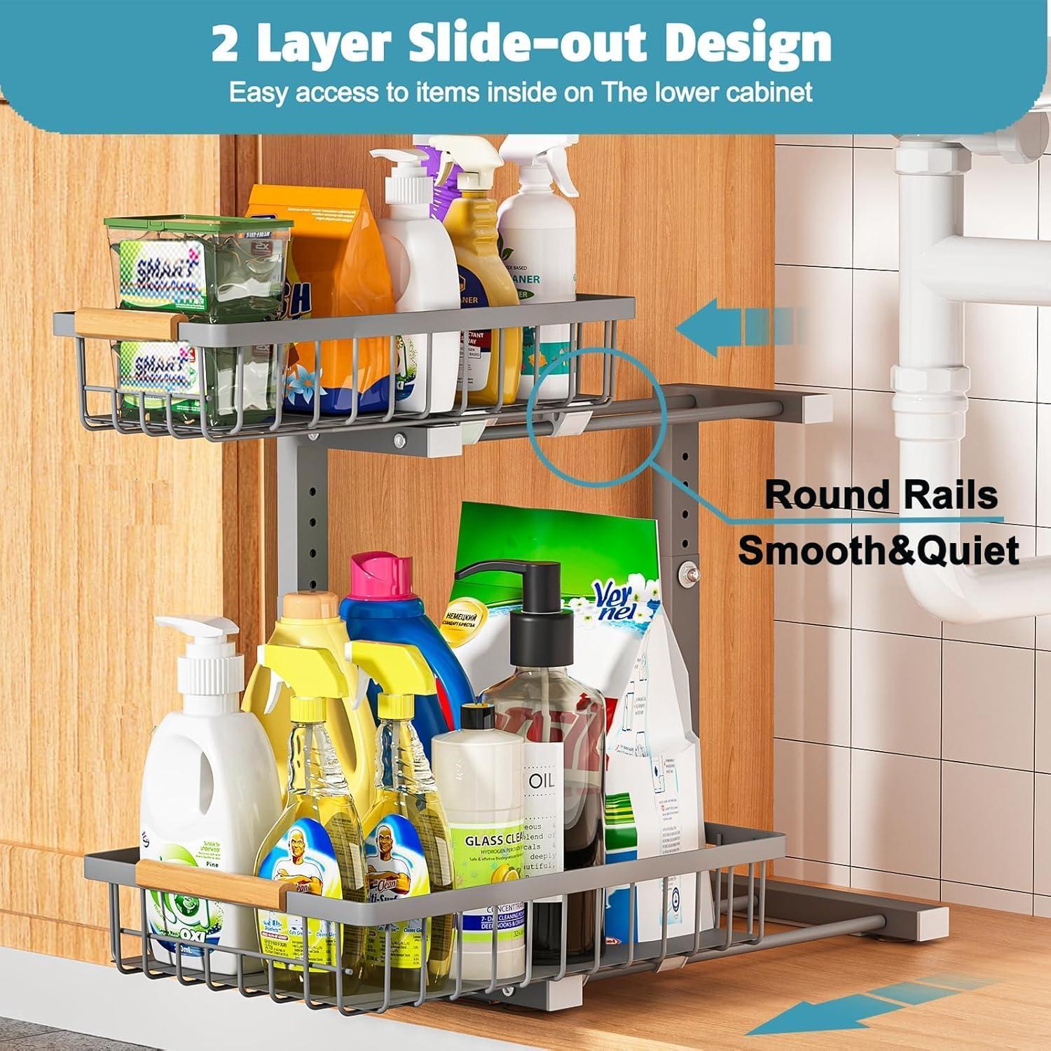 Under Sink Organizer 2 Pack, 2 Tier Slide Out Under Sink Organizer and Storage Shelf, Height Adjustable Pull Out Cabinet Drawer for Kitchen Bathroom, Metal Under Sink Storage Rack, Gray