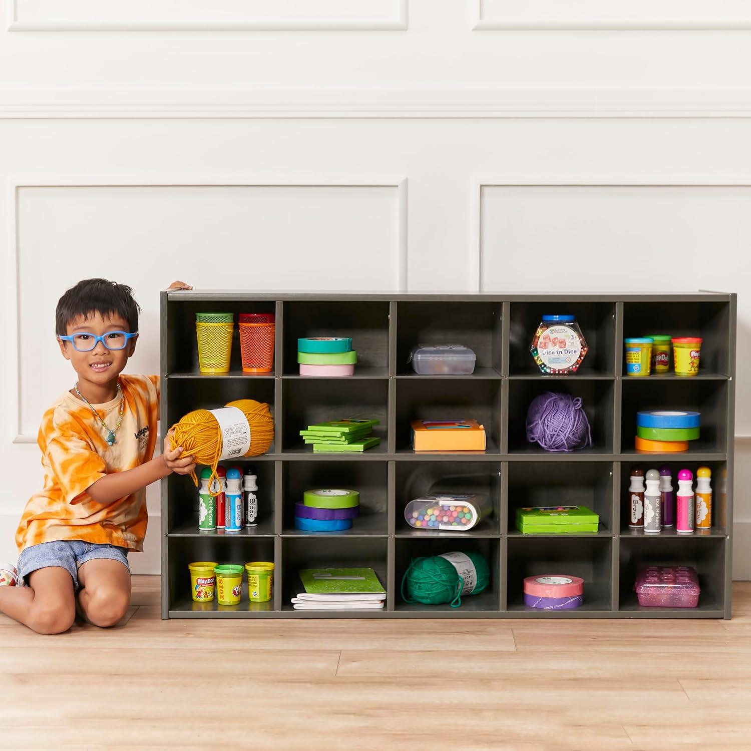 Grey Wash 20-Cubby Tray Storage Cabinet for Kids