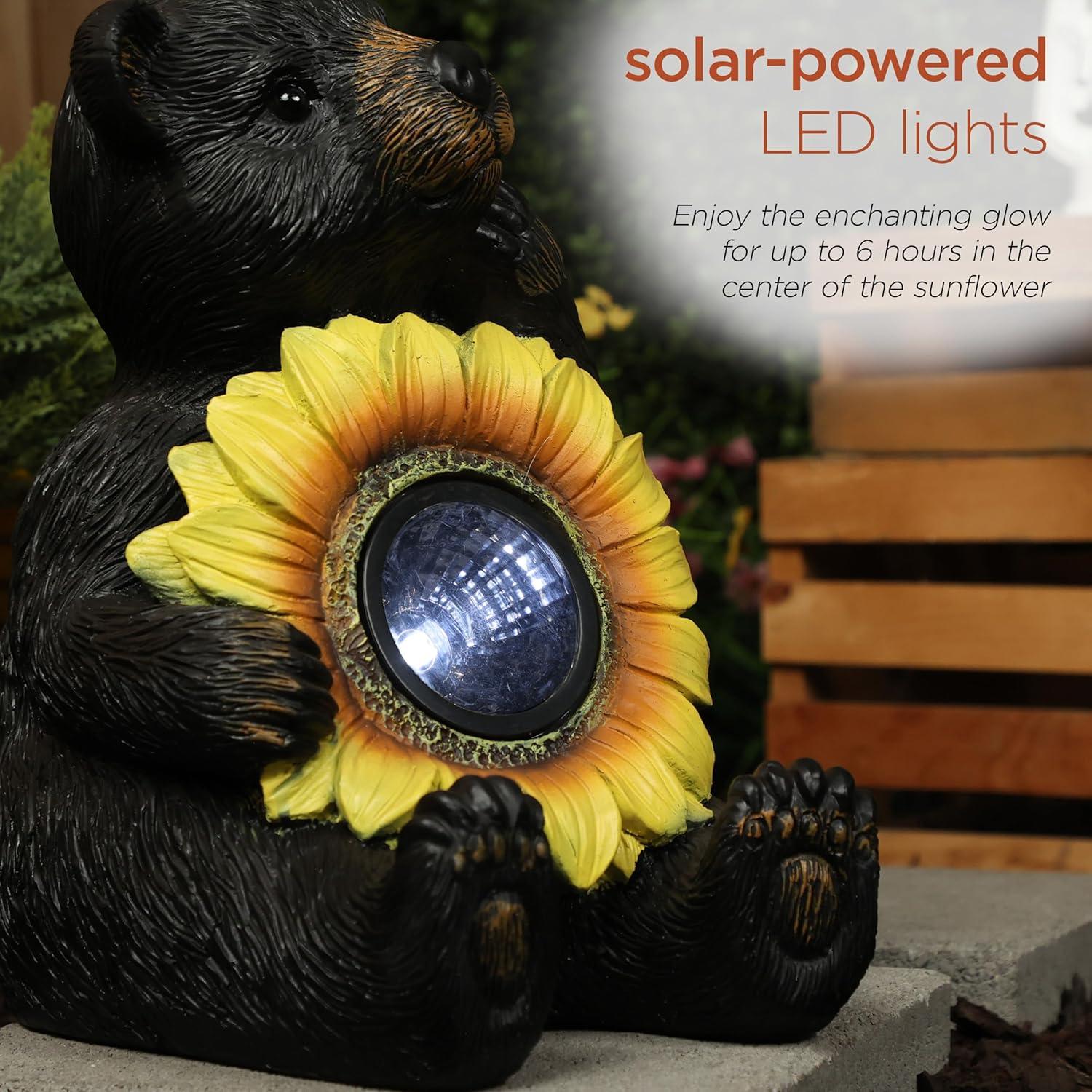 Alpine Corporation GXT520SLR-L Solar Powered Bear Statue with LED Sunflower for Outdoor Lawn and Yard Decoration, 16" H, Brown