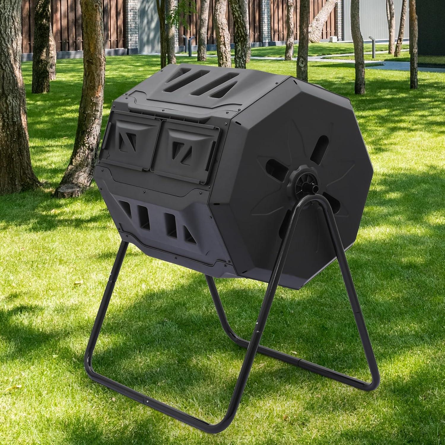 43 Gallon Dual Chamber Compost Tumbler, Tumbling Rotating Composter, with 2 Sliding Doors and Gloves