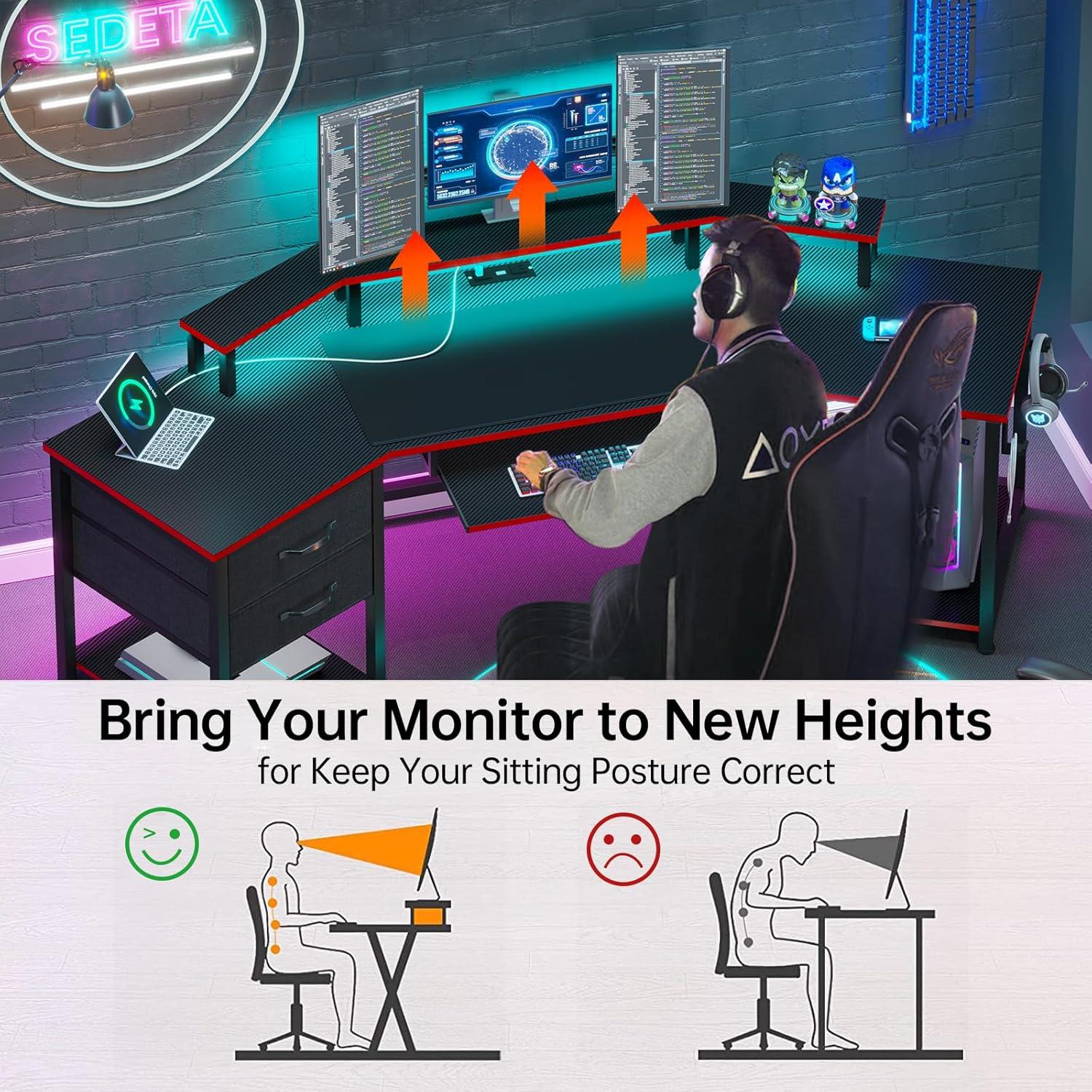 79" Gaming Desk, Computer Desk with 2 Fabric Drawers & LED Light, L Shaped Gaming Desk with Storage Shelf for Home Office, Carbon Fiber Black&Red