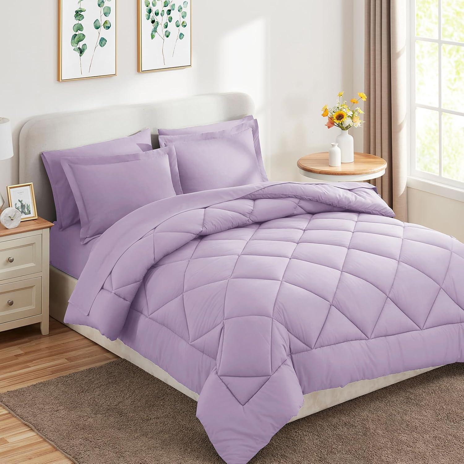 Cozy Comfort Light Purple Queen Comforter Set - 7 Pieces Reversible Queen Bed in a Bag, Queen Bed Set Light Purple and Grey with Comforters, Sheets, Pillowcases & Shams