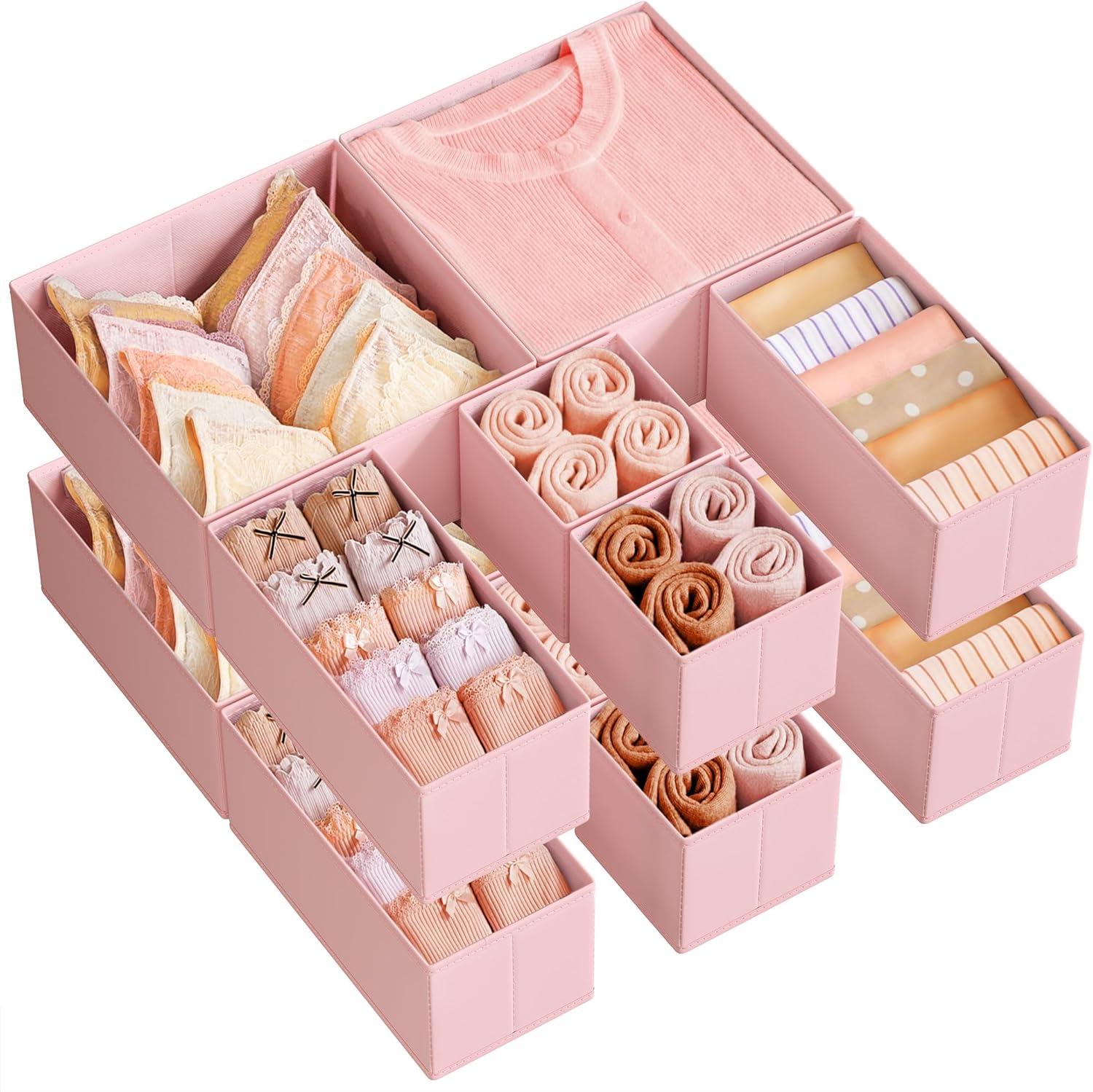 SONGMICS Drawer Organizers, Dresser Divider Organizers, Set of 12, Foldable Fabric Storage Boxes for Socks, Underwear, Bras, Ties, Scarves, Jelly Pink URDZ006R01