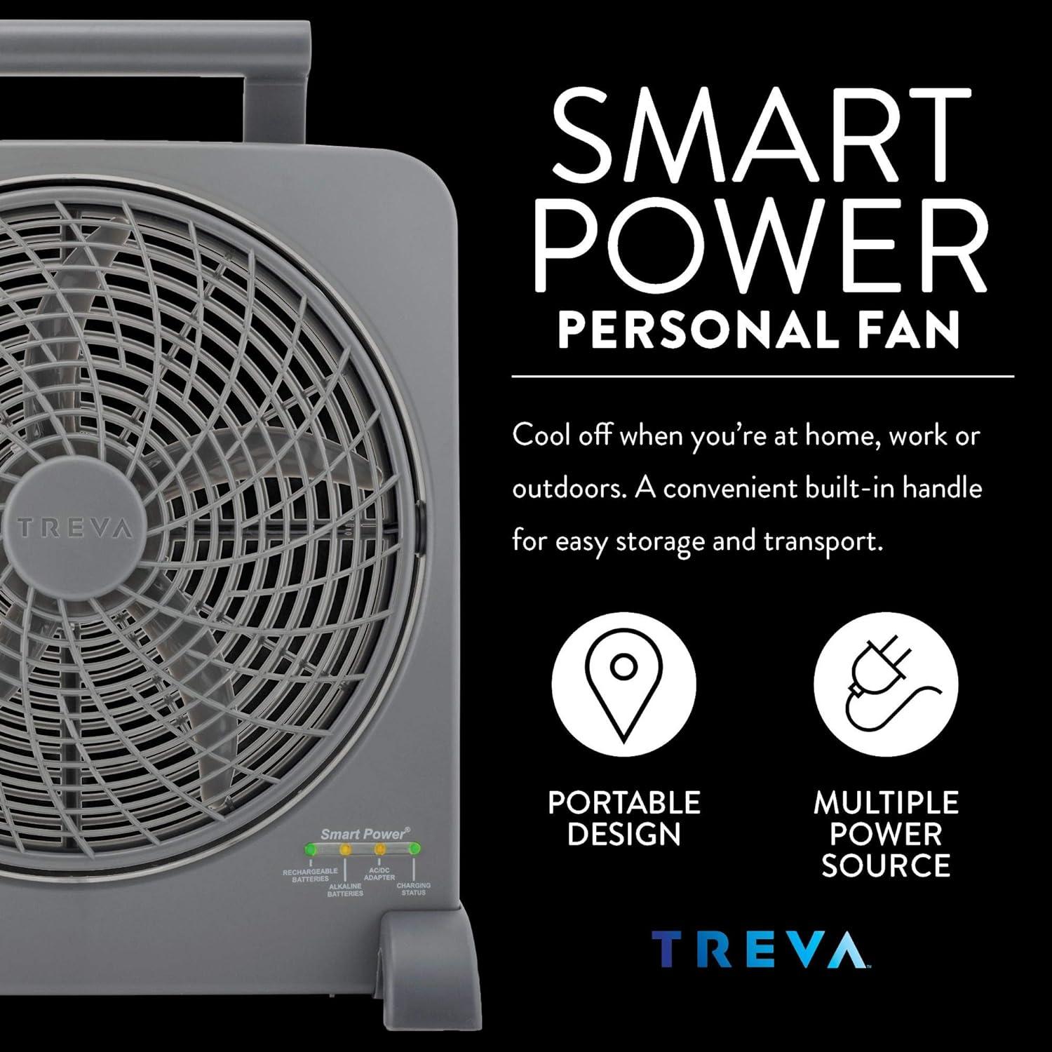 Treva 10-Inch Gray Portable Rechargeable Fan with USB Charging