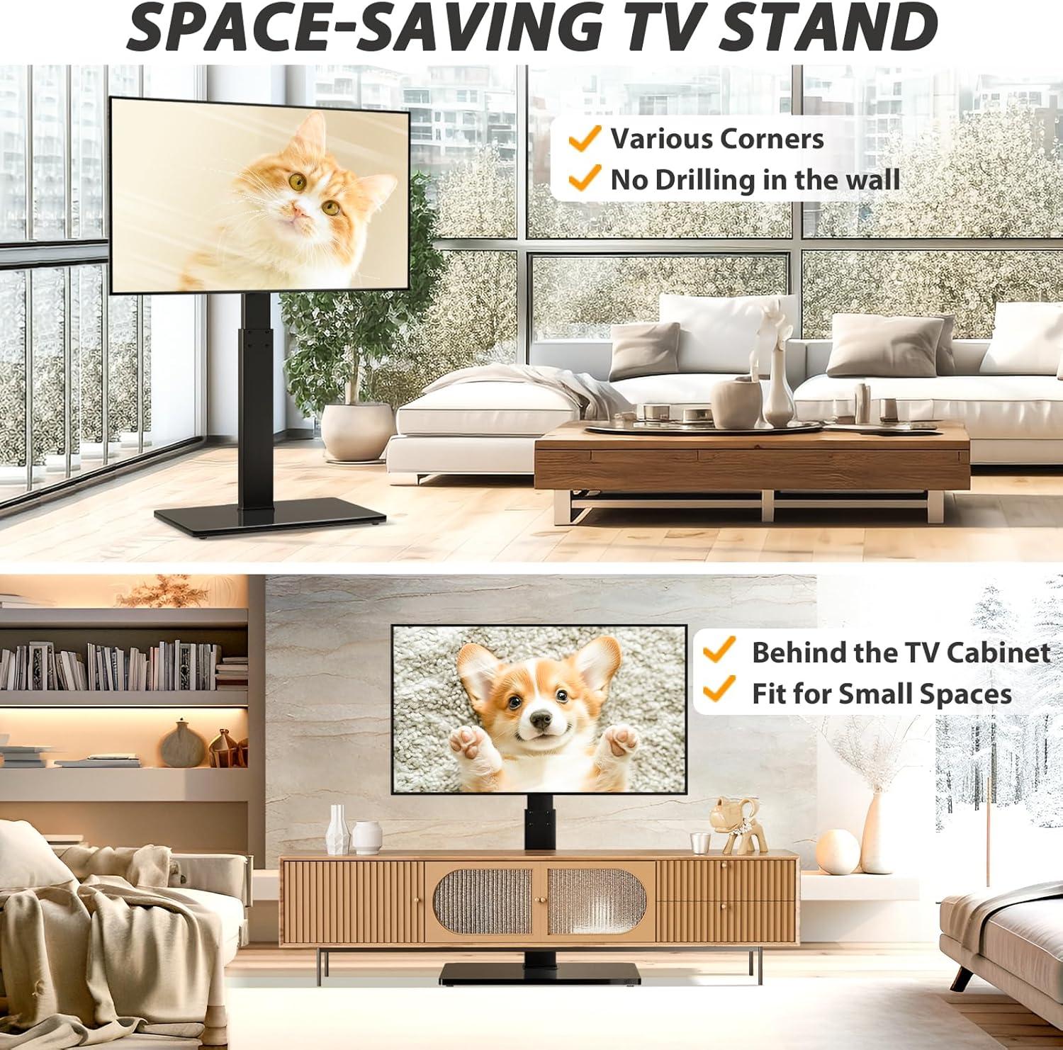 TAVR Universal Floor TV Stand Base for 32-75 Inch TVs up to 110 Lbs with Swivel Height Adjustable Mount, Black Tempered Glass Base for Media Storage and Space Saving