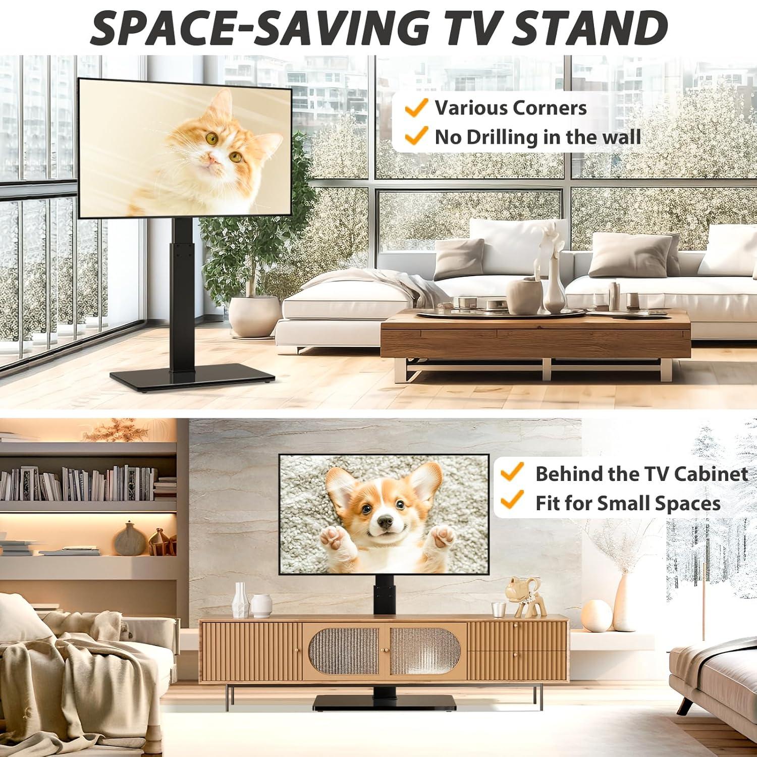 TAVR Universal Floor TV Stand Base for 32-75 Inch TVs up to 110 Lbs with Swivel Height Adjustable Mount, Black Tempered Glass Base for Media Storage and Space Saving