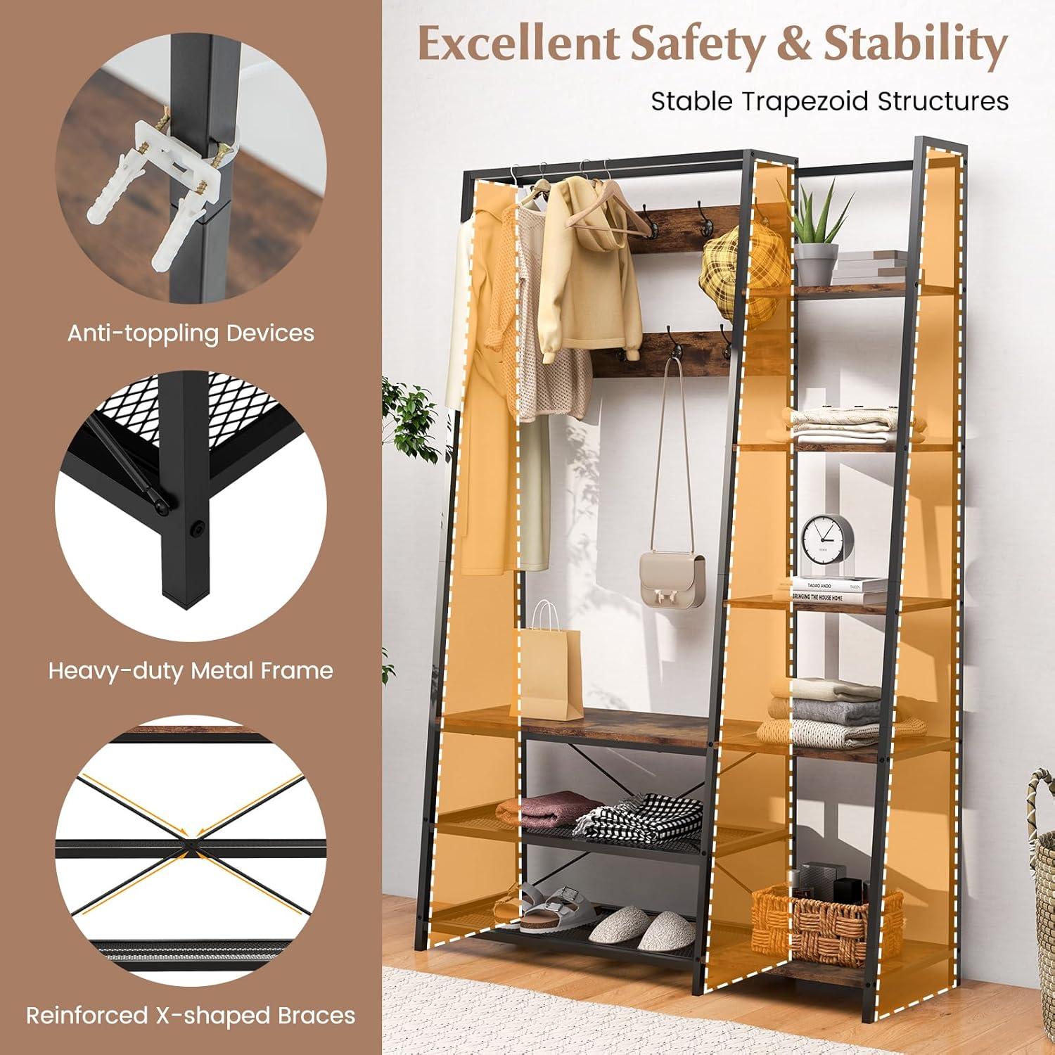 Costway 1 PC 5-In-1 Entryway Coat Rack Storage Shoe Bench Freestanding Wooden Hall Tree