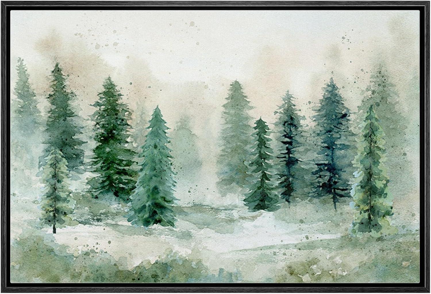 Woodland Forest Landscape " IDEA4WALL Framed Canvas Print Wall Art Woodland Nursery Decor Pastel Green Pine Tree Forest Landscape Nature Wilderness Fine Art Decorative Rustic For Living Room, Bedroom, Office "