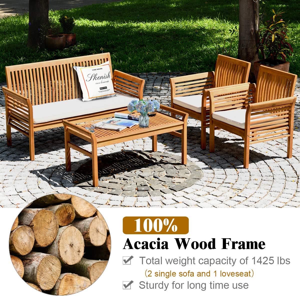 4 PCS Outdoor Wood Sofa Set Padded Patio Conversation Table Chair Set