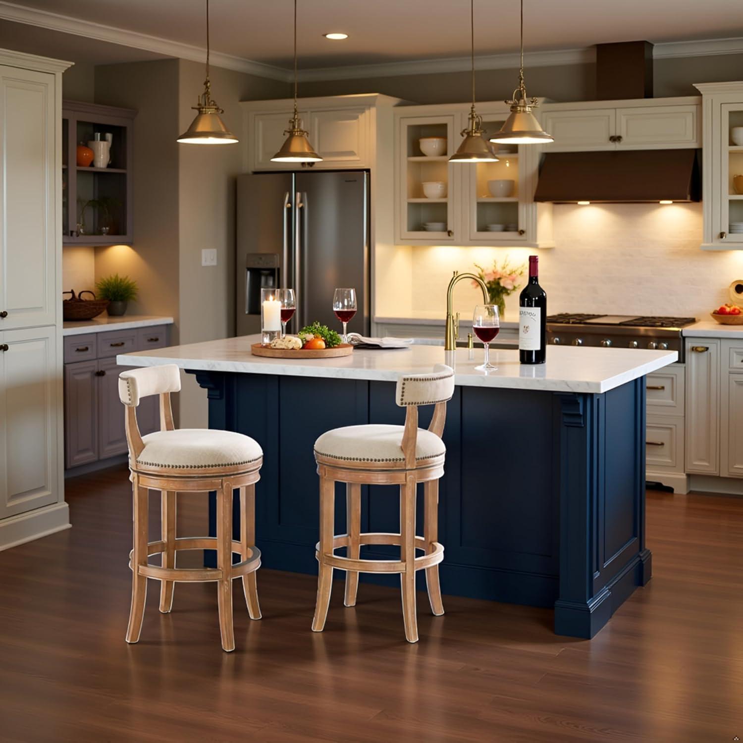 Alaterre Hanover Swivel Bar Height Stool, Weathered Brown and Beige, Solid Rubberwood Frame with Faux Linen Upholstered Seat, Nailhead Trim, Memory Return Swivel, 20 in. W x 22 in. D x 41 in. H