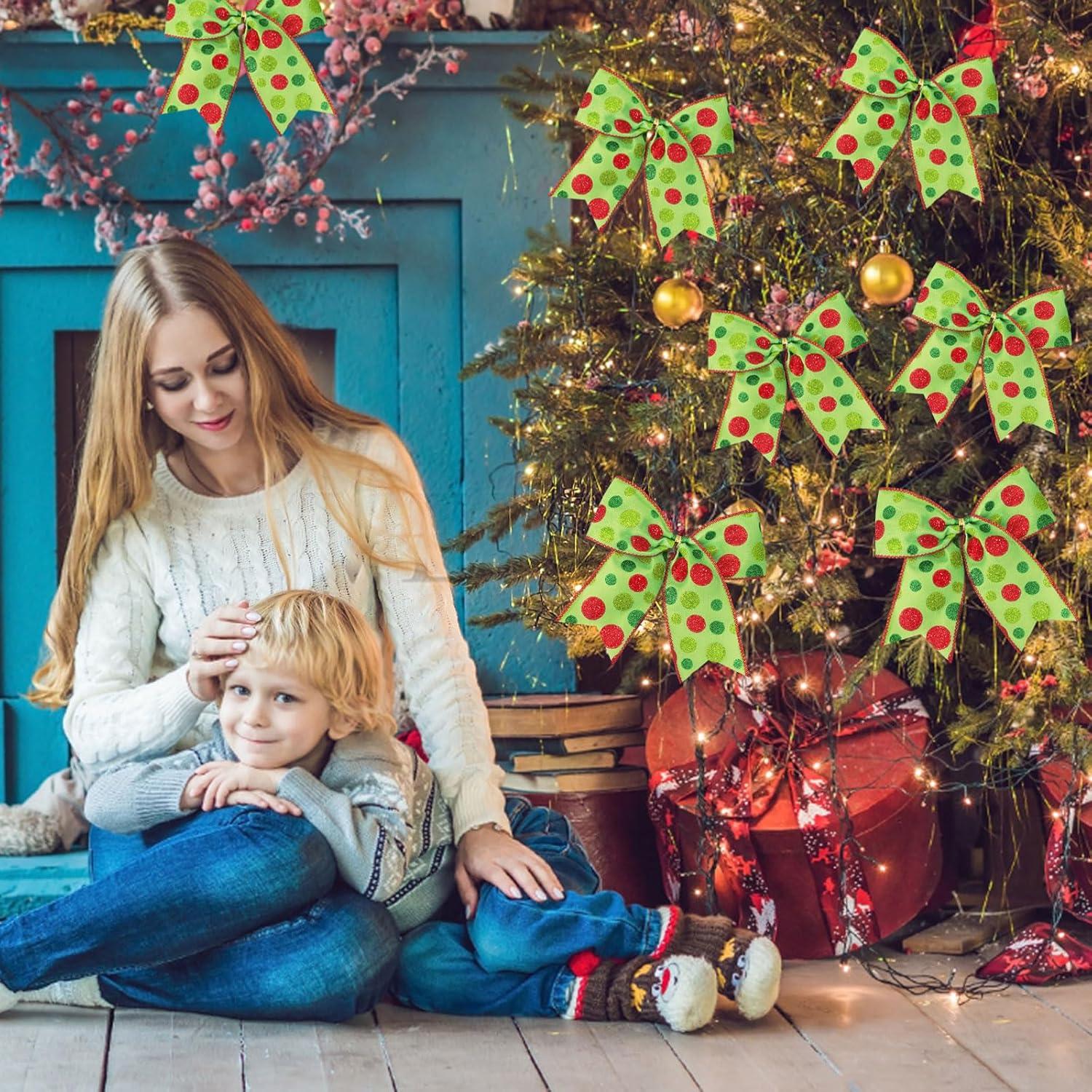 Sandistore Cute Cars 12pcs Christmas Tree Bows Ornaments 6 Inch Large Christmas Wreath Bows Red Green Xmas Tree Bows Christmas Glitter Dot Bows Ribbons Decoration For Garland Diamonds for Crafts