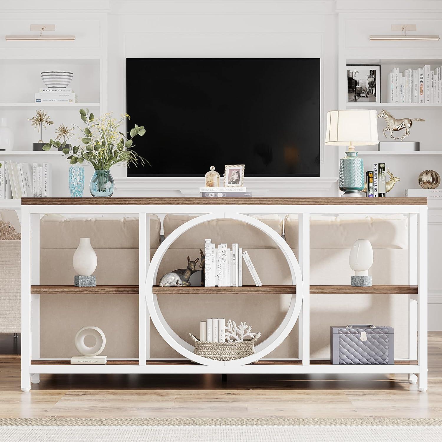 GVN Console Table, Entryway Table, 70.9" Console Table, Narrow Sofa Table with 3 Tier Storage Shelves,White & Walnut