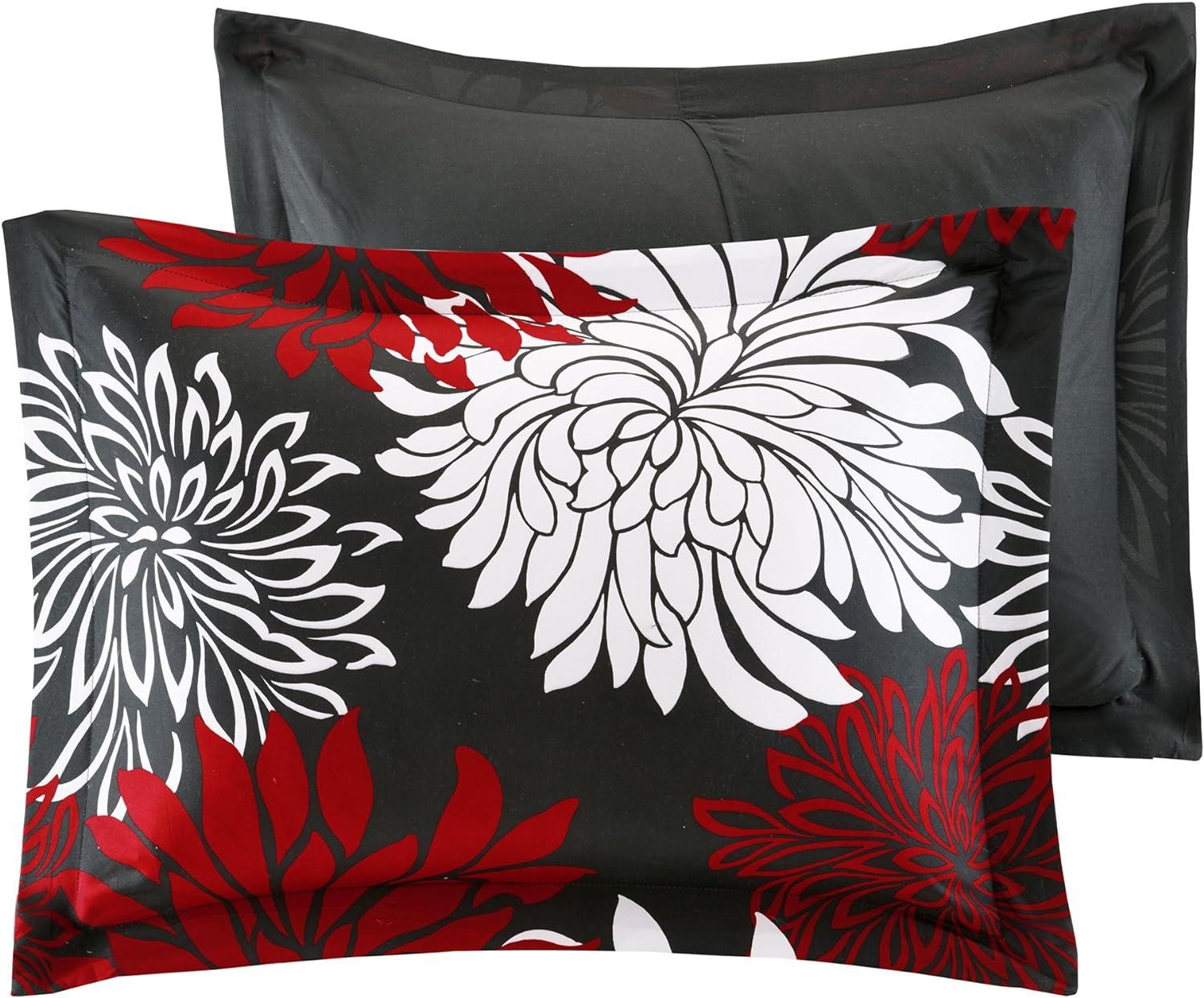 Comfort Spaces Queen Size Comforter Set, 5-Piece Floral Bedding Set for All Season, Red/Black Queen Comforter Set with Bed Skirt