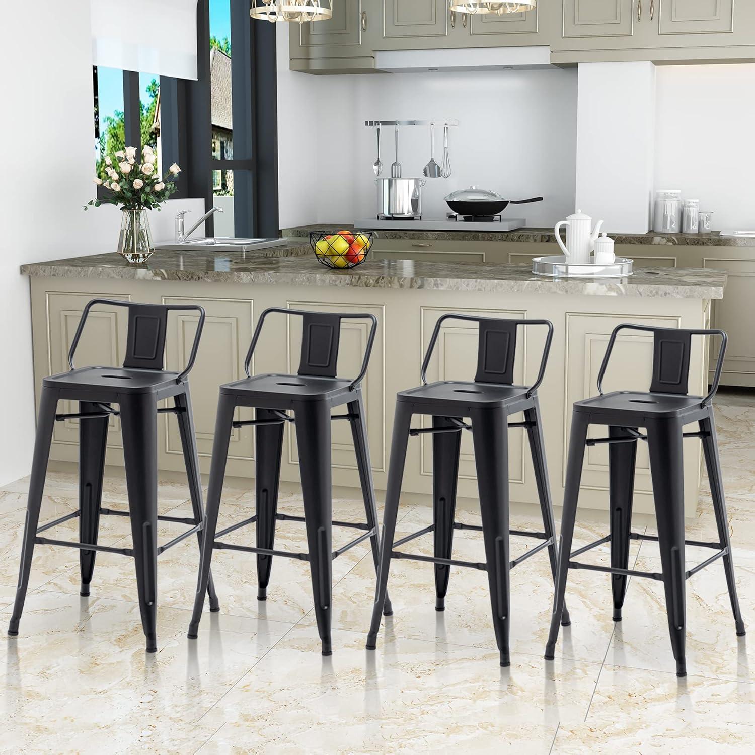 Andeworld 24" Bar Stools Set of 4,Counter Height Bar Stools with Larger Seat,Bar Stools with Back,Black Metal Bar Stools with Removable Back,Farmhouse Bar Stools,High Back Kitchen Bar Stools Chair