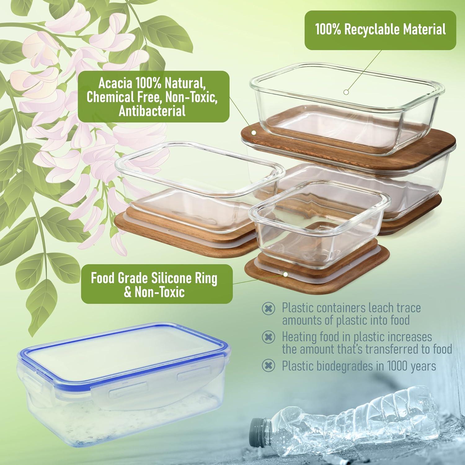 Amber Glass Meal Prep Containers with Acacia Lids, Set of 4