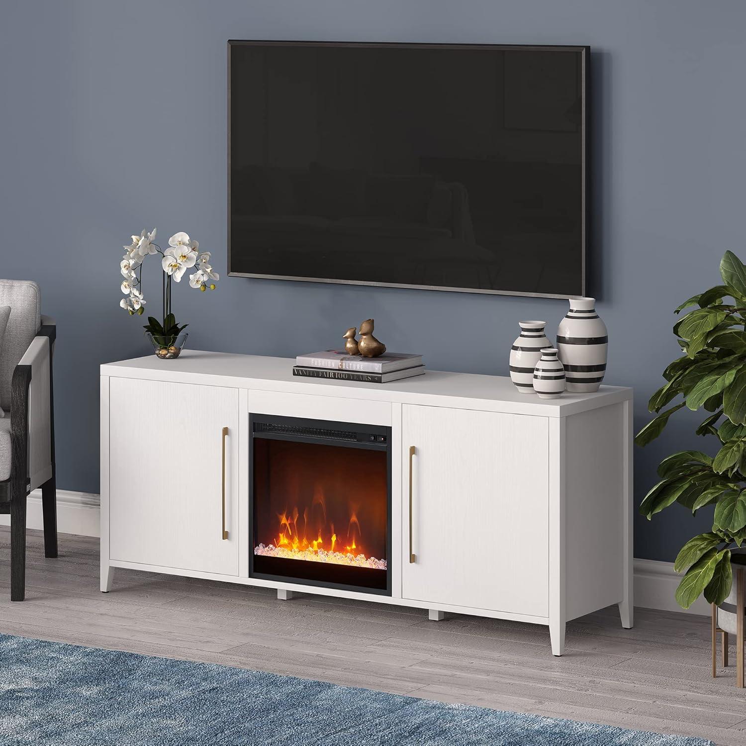 White MDF TV Stand with Crystal Fireplace and Storage Cabinets