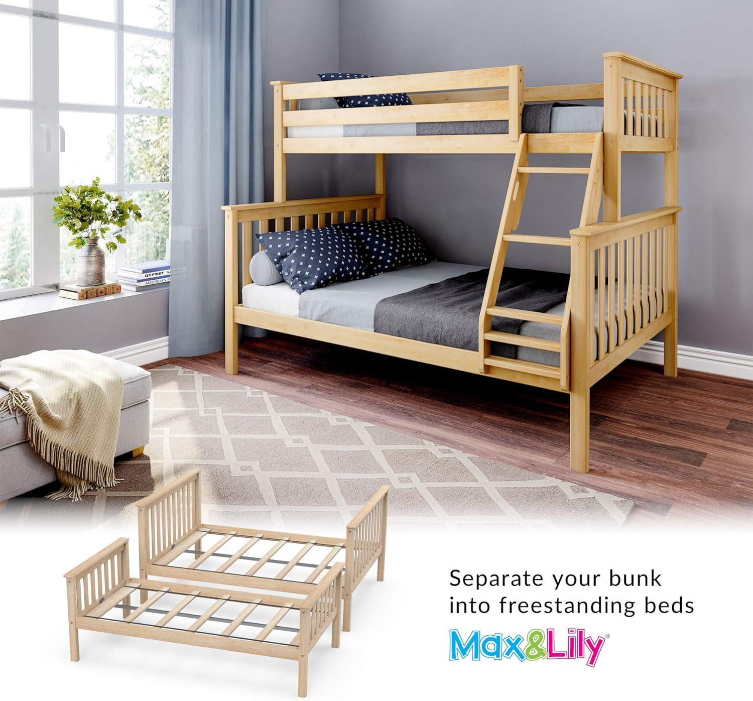 Max & Lily Bunk Bed Twin over Full Size, Solid Wood Bunk Beds with Ladder for Kids