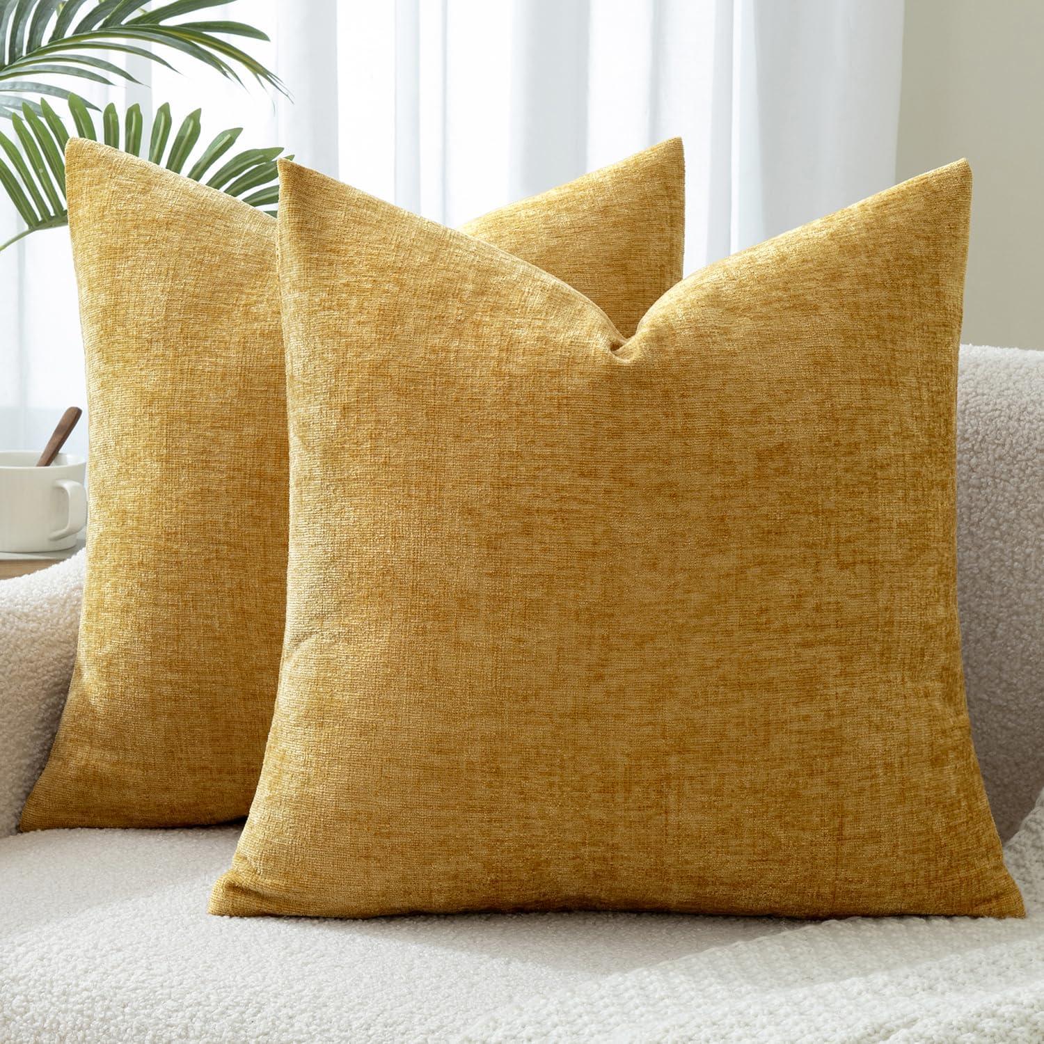 Set of 2 Mustard Yellow Linen Throw Pillow Covers 18x18 Inch