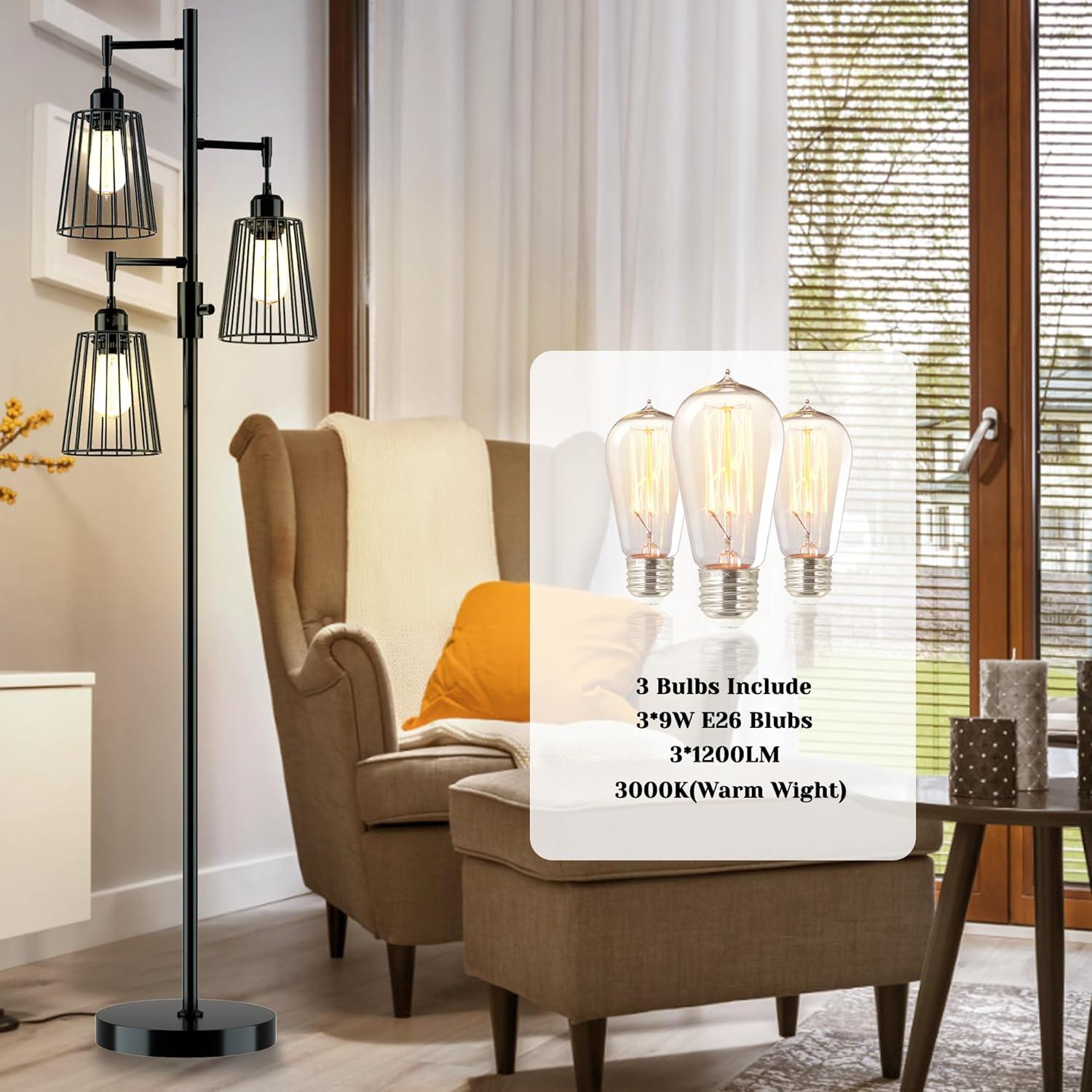 COFF Industrial Floor Lamp, 3 x 1200LM Edison LED Bulbs Included, Bright 3-Light Dimmable Floor Lamp, Farmhouse Tall Standing Lamp for Living Room, Bedroom Office Rustic Home Decor (Matte Black)