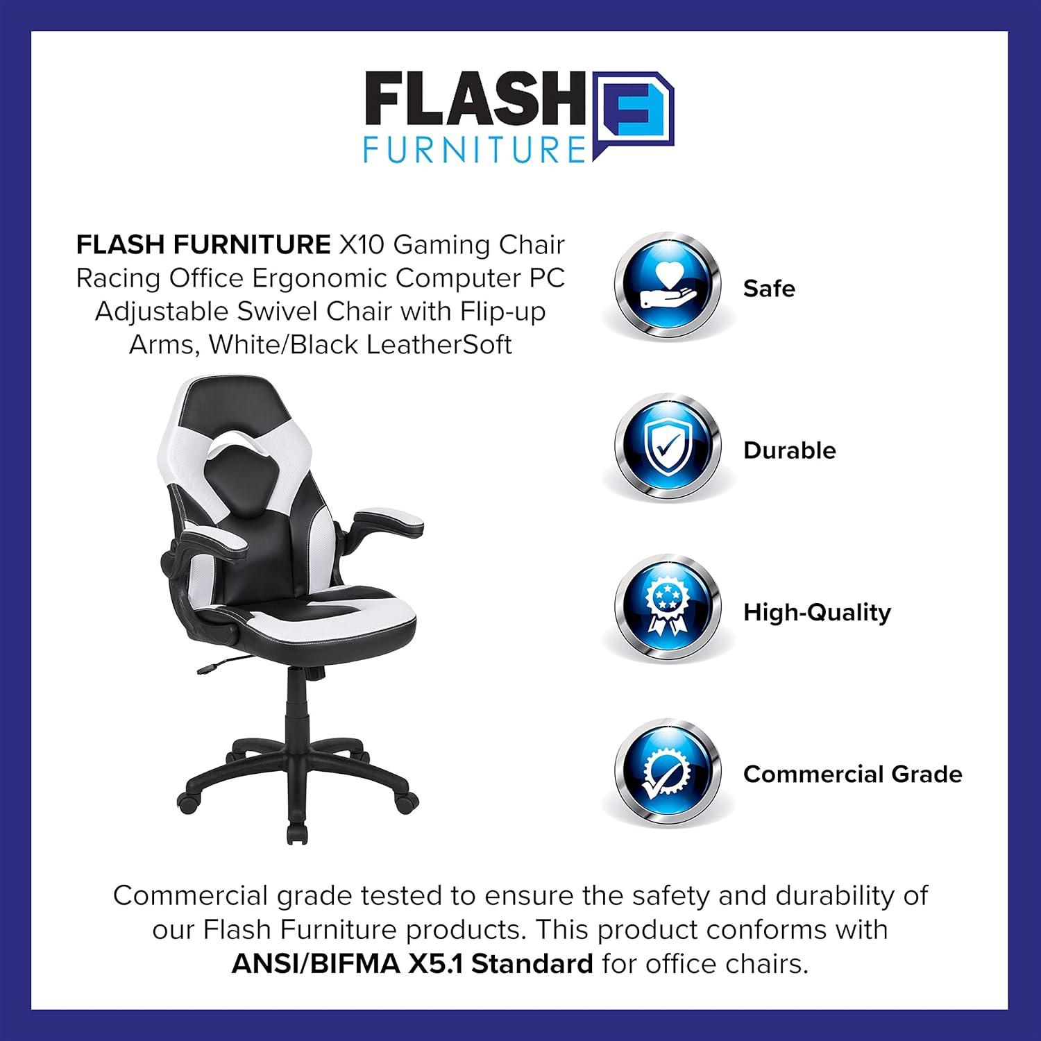 Flash Furniture X10 Gaming Chair, Racing Ergonomic Office Chair, Height Adjustable Swivel Computer Chair with Flip-Up Arms, White/Black LeatherSoft
