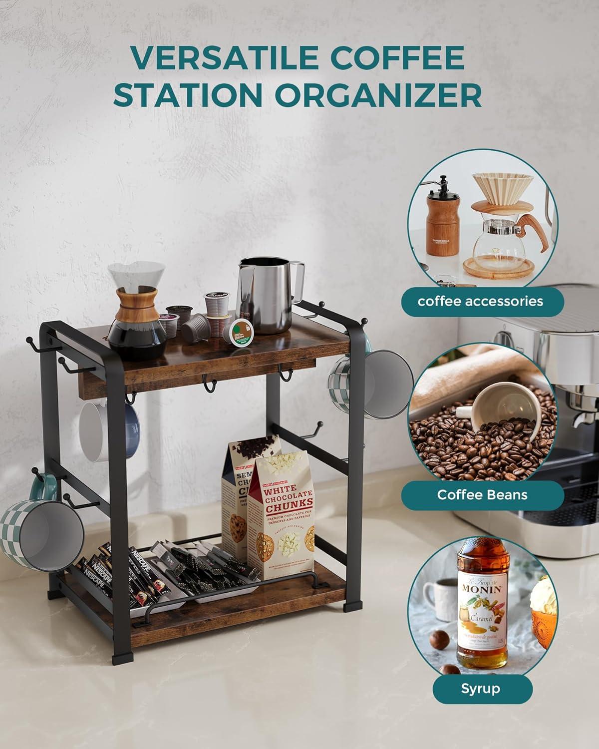 17 Stories Coffee Bar Organizer With 14 Mug Hooks, Wood Coffee Mug Holder Stand For Countertop, 2 Tier Coffee Station Organizer For Coffee Cups, Mugs, Syrups, Accessories