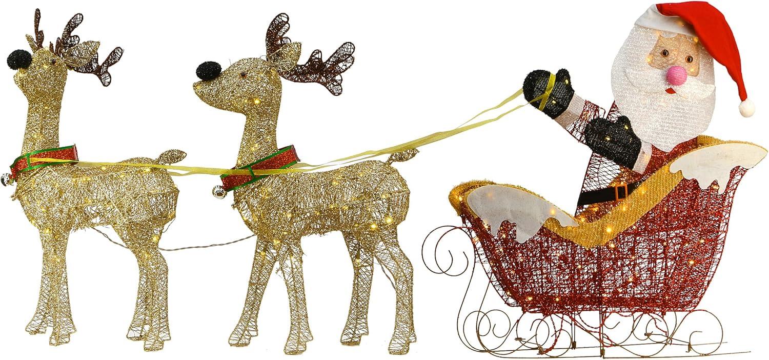 National Tree Company Pre-Lit Christmas Decoration, Red, Gold, Reindeer Pulling Santa's Sleigh, Crystal Splendor, 225 Warm White LED Lights, Ground Stakes Included, 31 Inch, 33 Inch