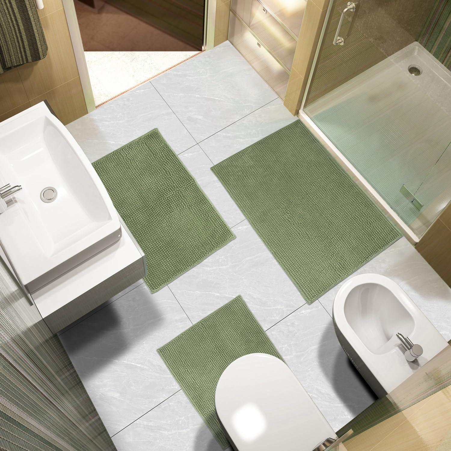 Urvoix Bathroom Rugs Sets 3 Piece, Non-Slip Chenille Bath Rug - Ultra Soft, Washable, Super Absorbent Bath Mat for Bathroom, Toilet and Tub (Sage)