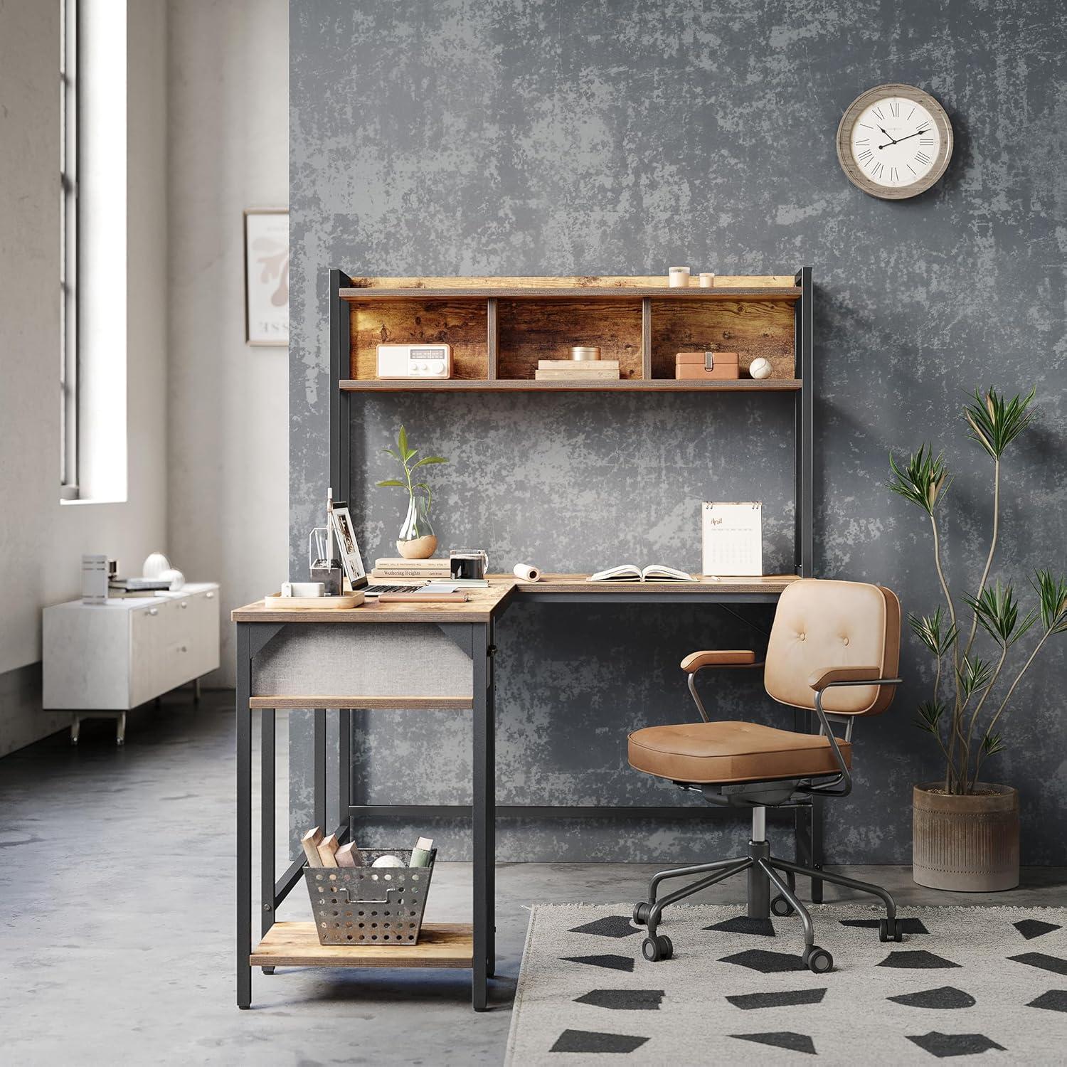 Rustic Brown L-Shaped Corner Computer Desk with Hutch and Drawer